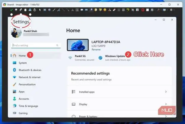 پنجره زیباسازی تصویر ShareX با نمایش اسکرین‌شات تنظیمات ویندوز ۱۱
