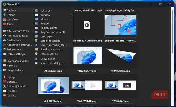 گزینه‌های ضبط در ShareX در ویندوز