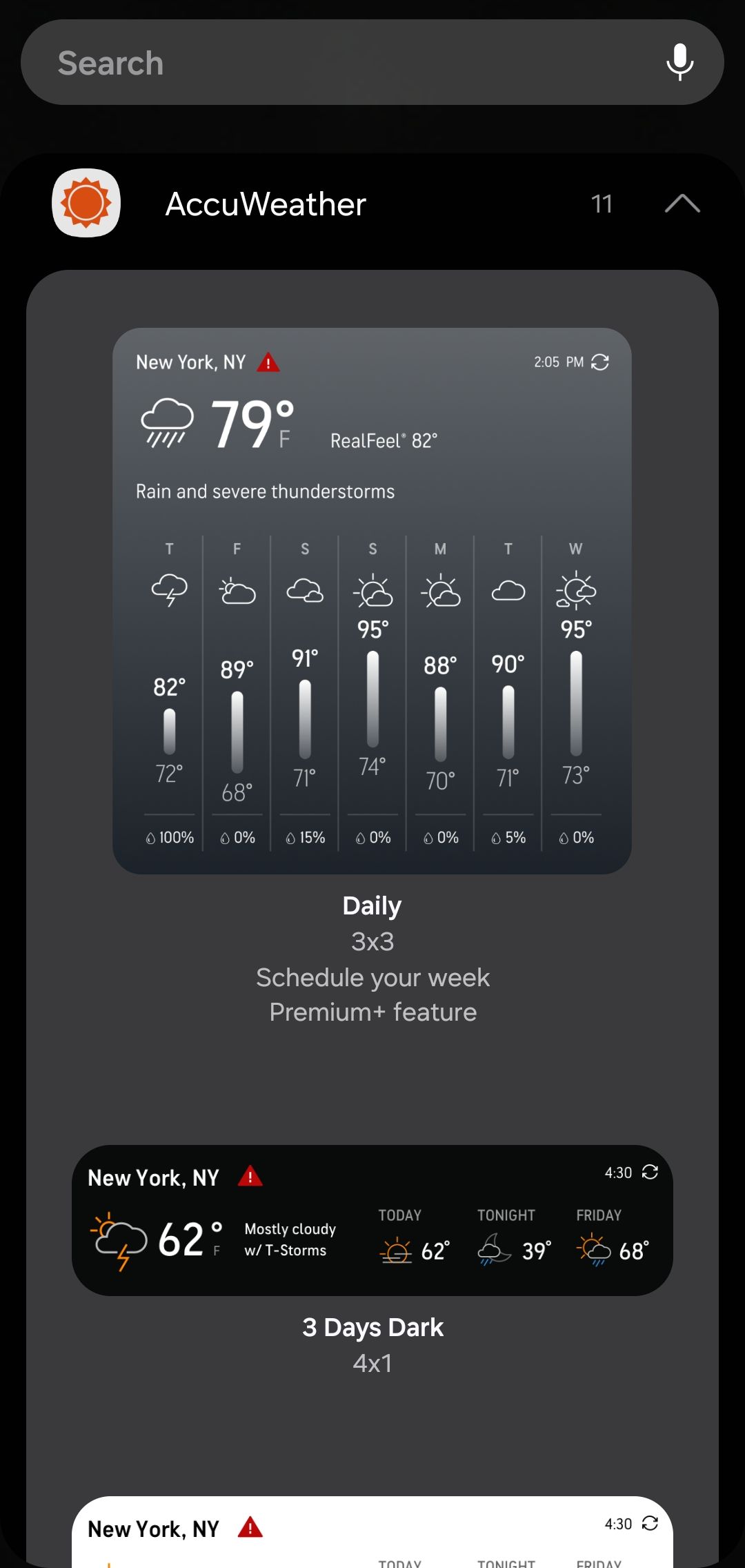 گزینه های ویجت AccuWeather شامل یک ویجت بزرگتر و کوچکتر است.