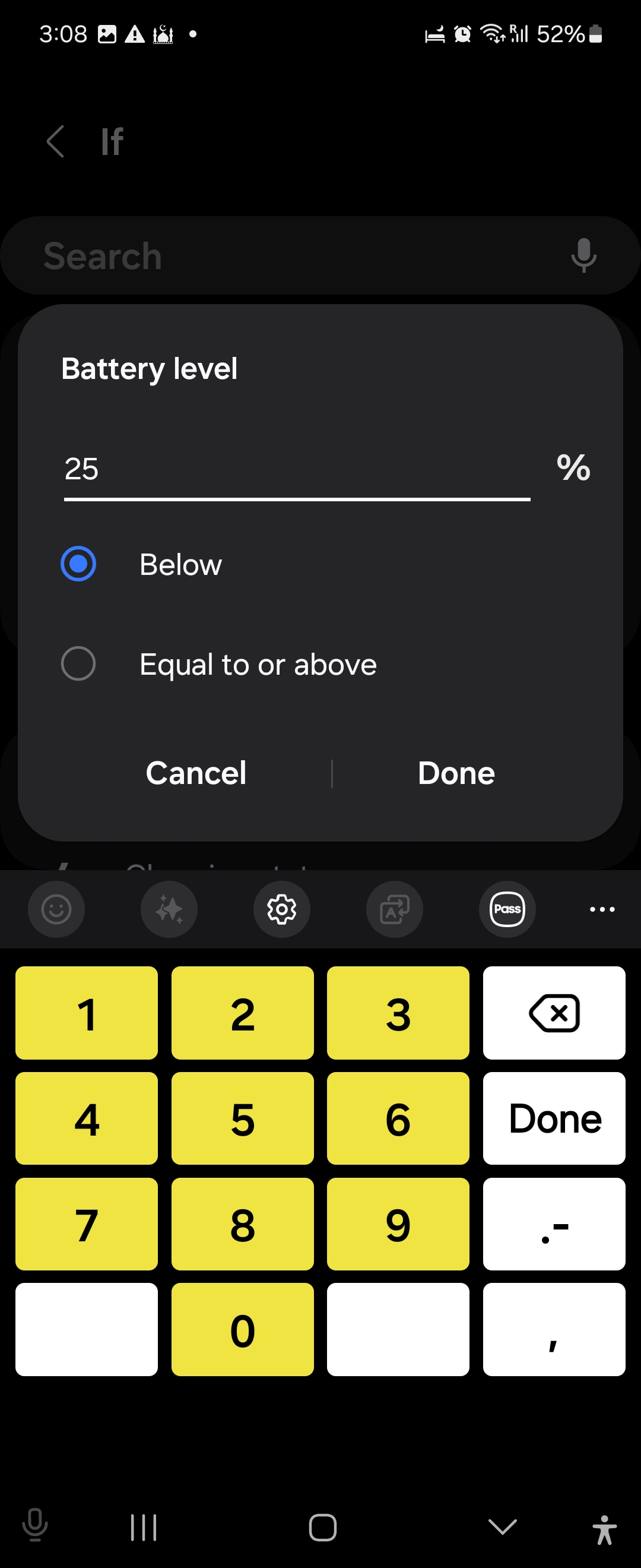 سطح باتری در برنامه Samsung Modes and Routines روی ۲۵٪ تنظیم شده است