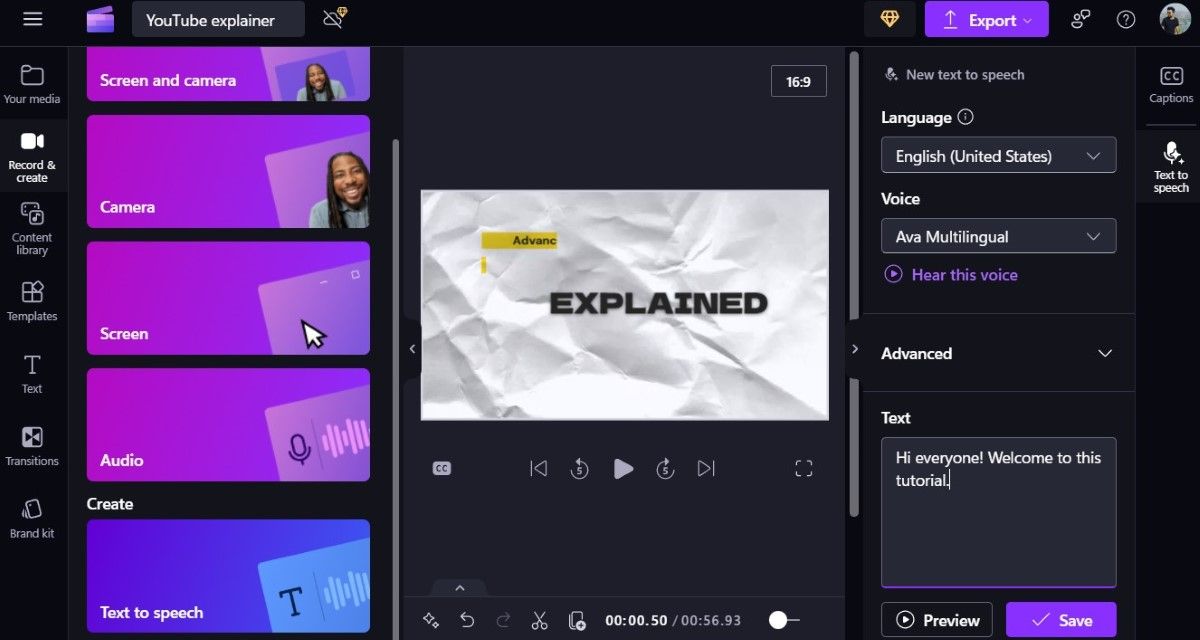 ابزار متن به گفتار Clipchamp