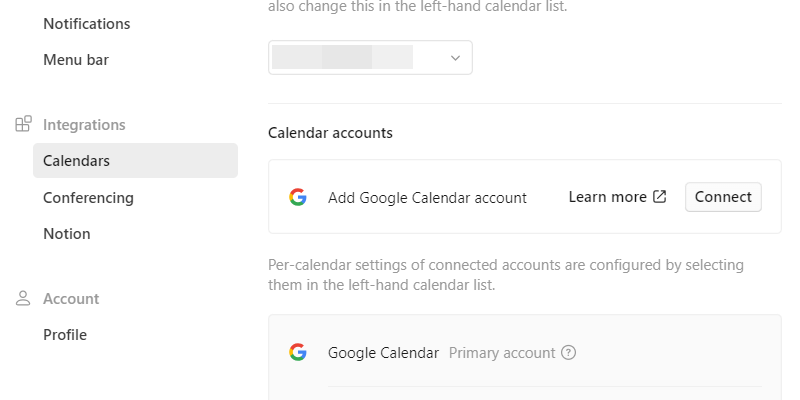 اتصال تقویم گوگل در Notion Calendar.