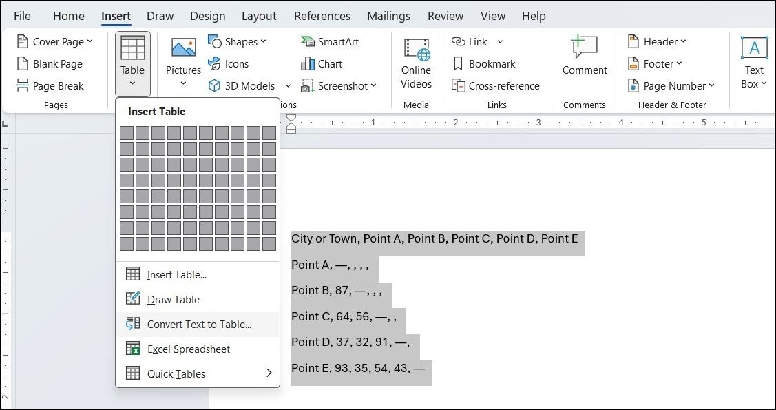 تبدیل متن به گزینه جدول در MS Word