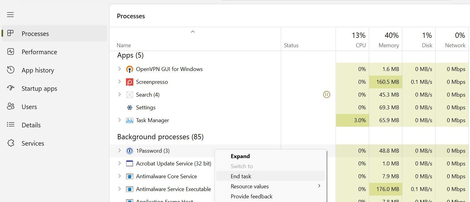 غیرفعال کردن فرآیند پس‌زمینه در Task Manager ویندوز.