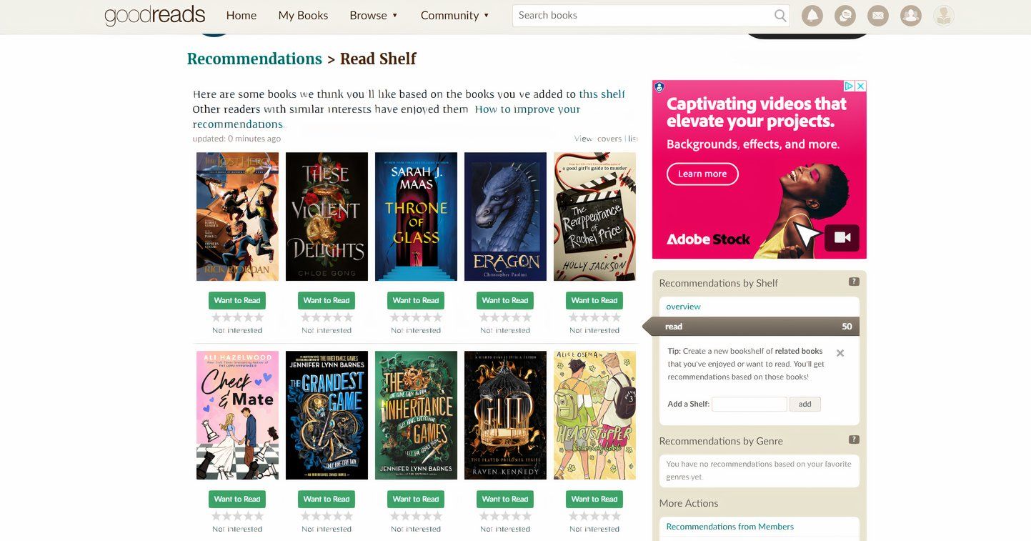 لیست توصیه های Goodreads با نمایش چندین کتاب.