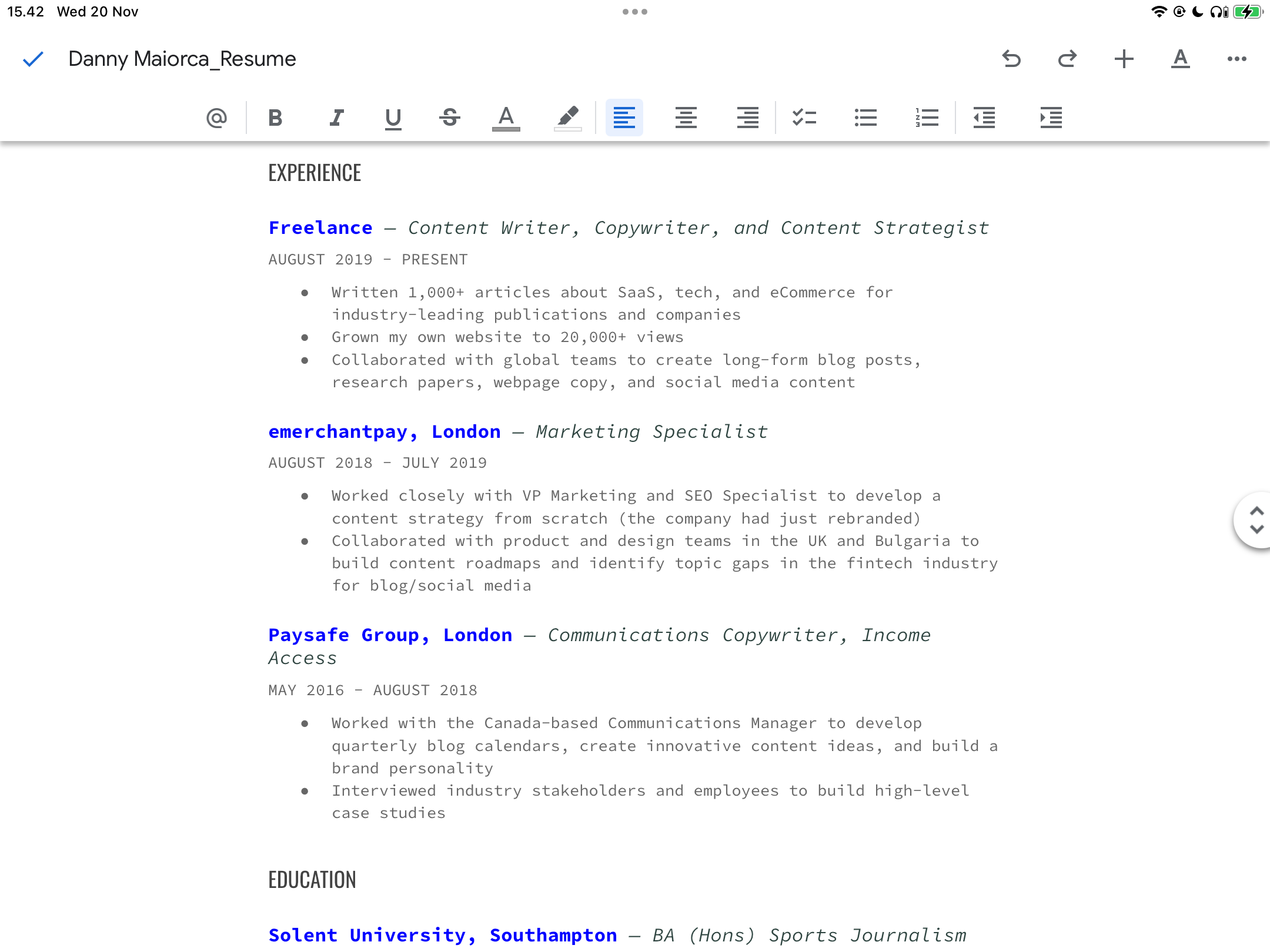 ویرایش رزومه در Google Docs در iPad