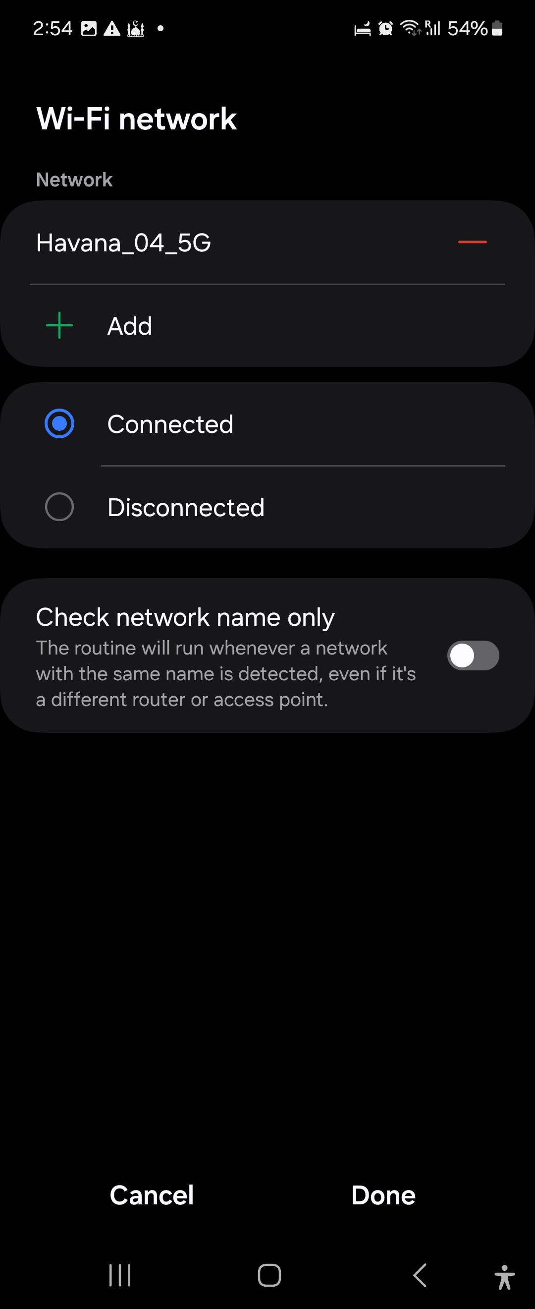 انتخاب شبکه در برنامه Samsung Modes and Routines