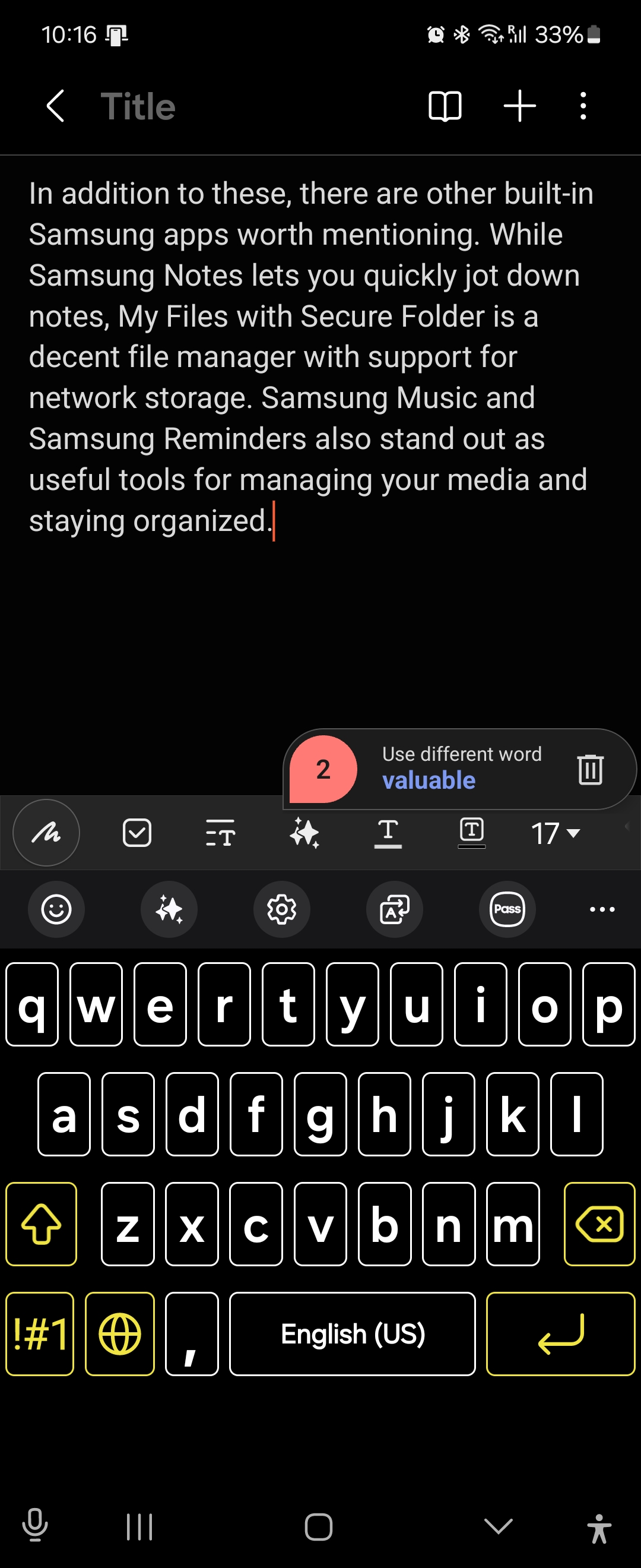 چیدمان صفحه کلید سامسونگ در Samsung Notes