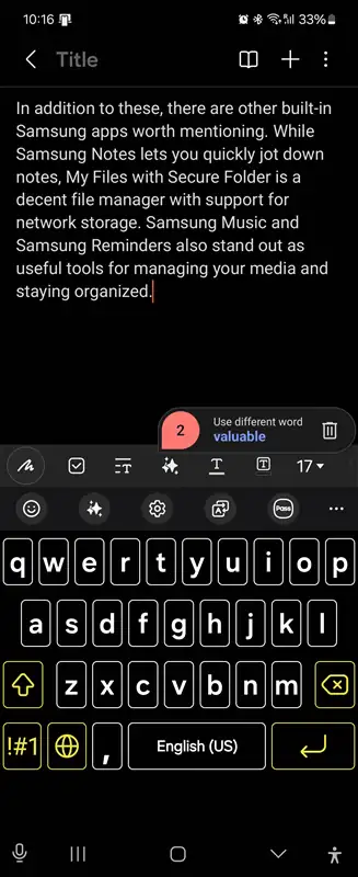 چیدمان صفحه کلید سامسونگ در Samsung Notes
