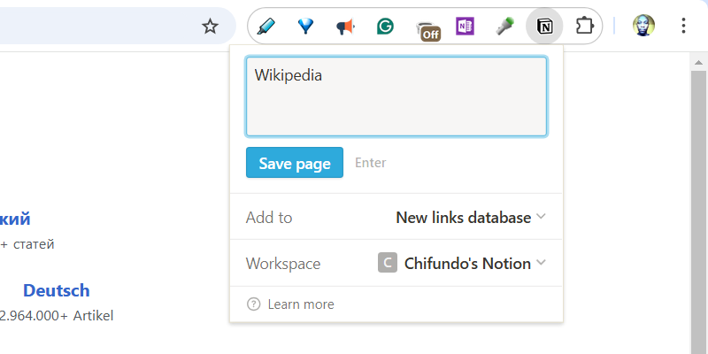 ذخیره یک صفحه با استفاده از Notion Web Clipper.