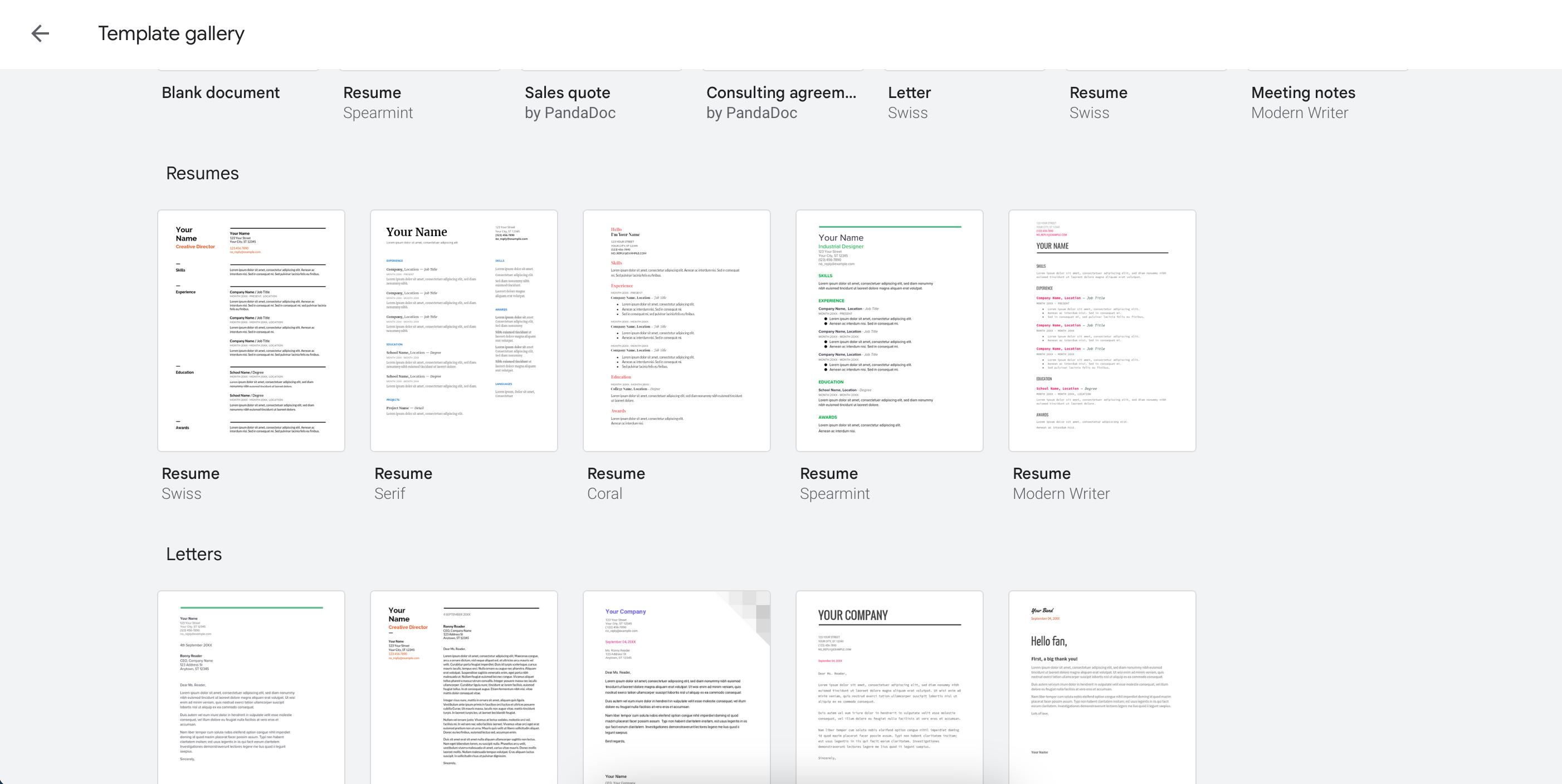 لیستی از الگوهای رزومه در Google Docs