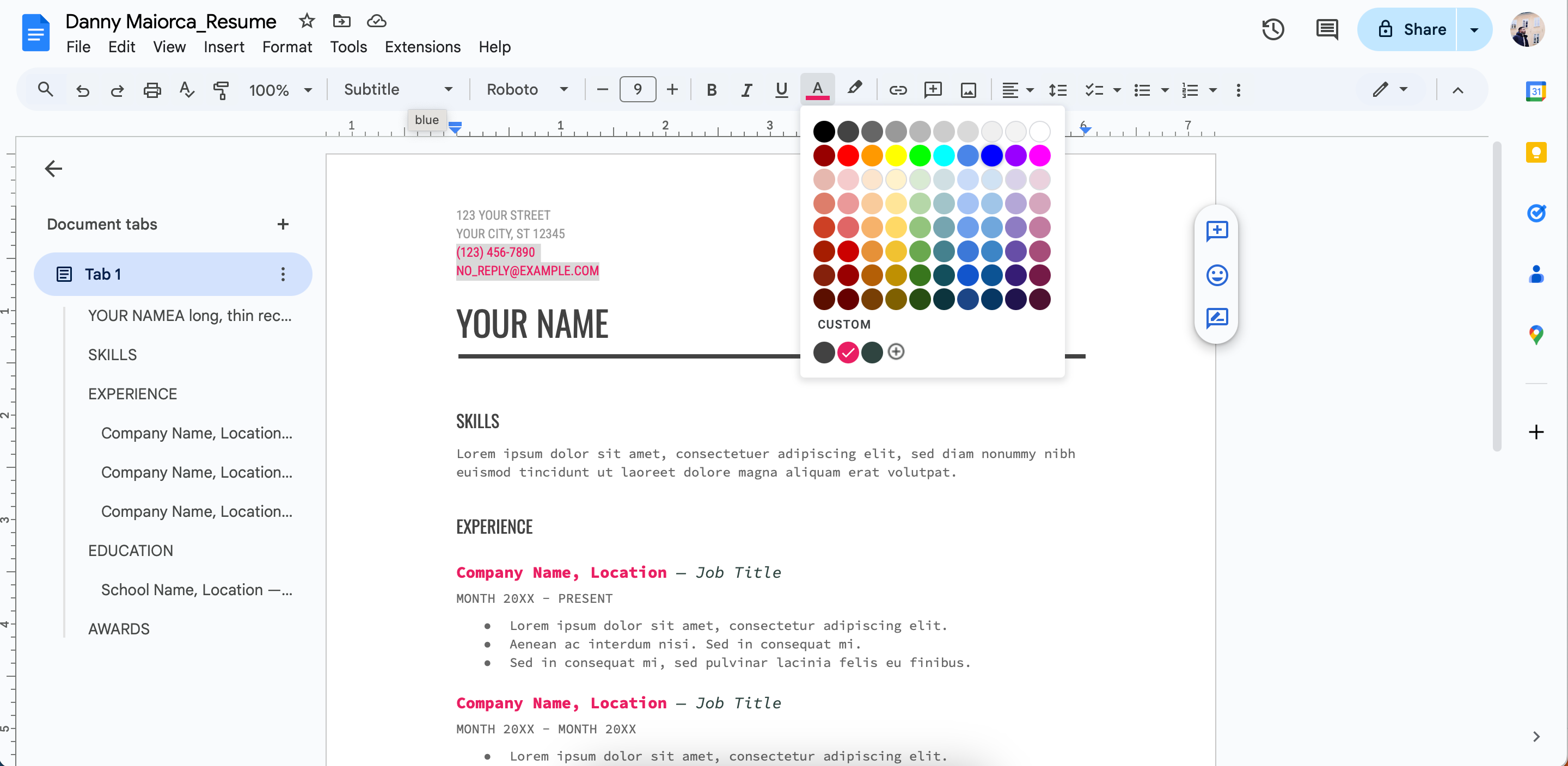رنگ متن رزومه خود را در Google Docs ویرایش کنید