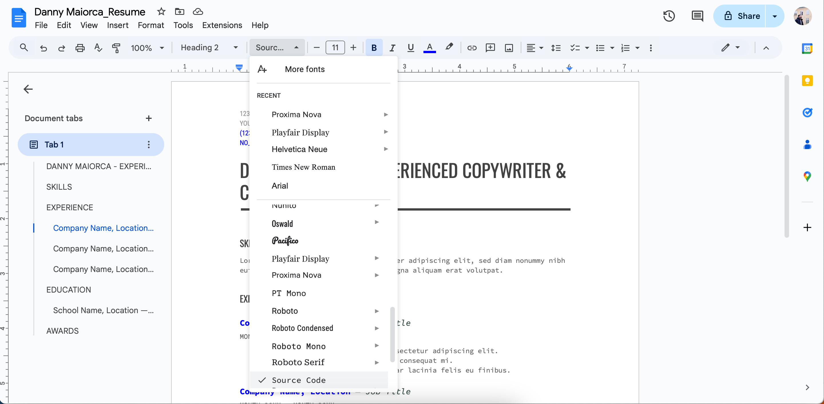 فونت را در رزومه در Google Docs ویرایش کنید