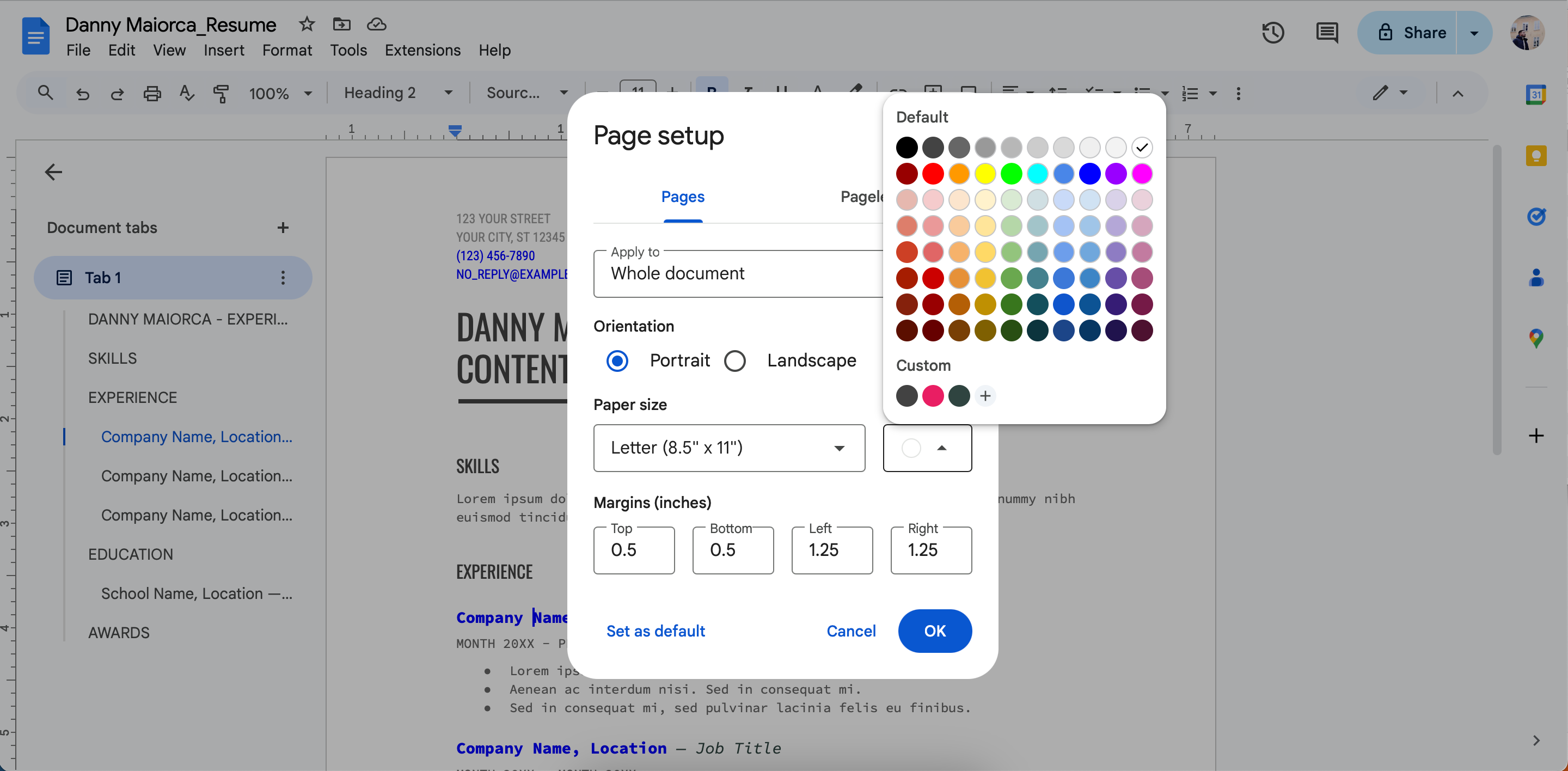 رنگ پس زمینه را برای رزومه در Google Docs ویرایش کنید