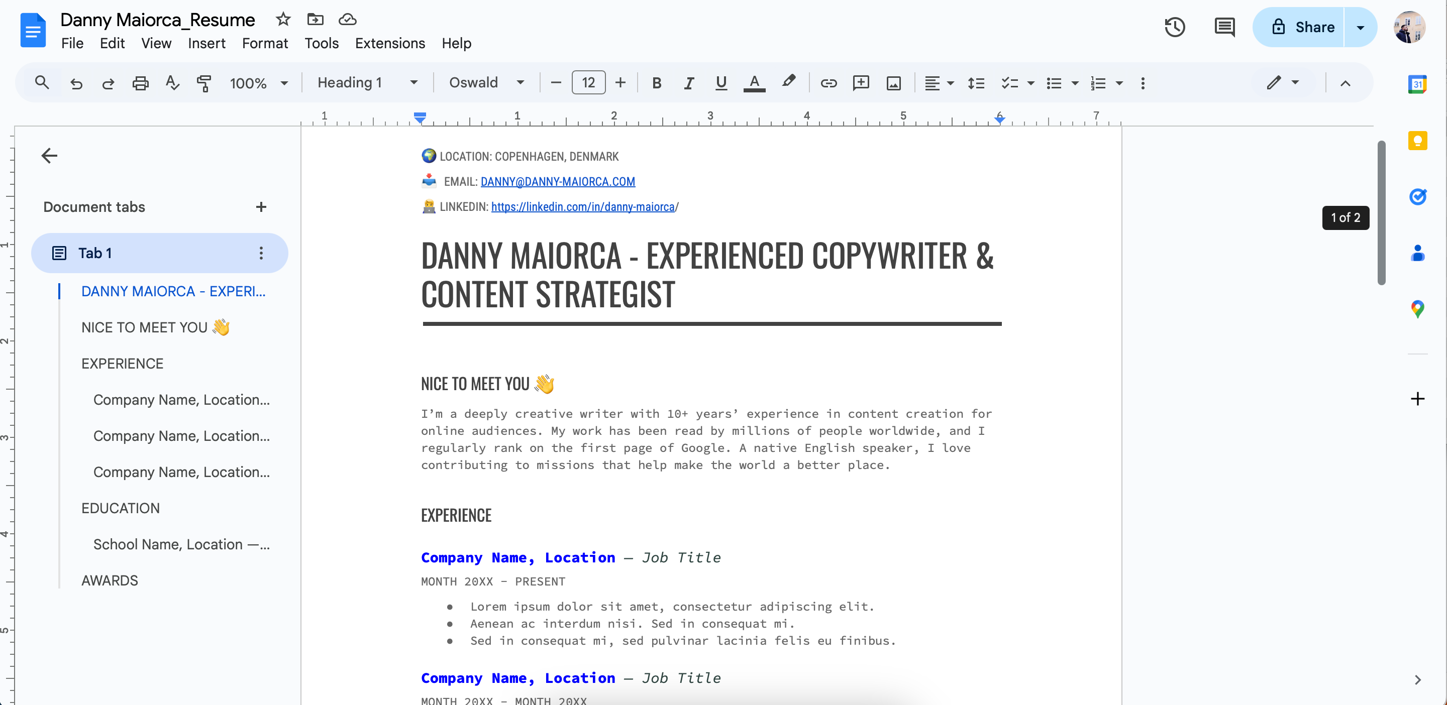 ایجاد بخش های اساسی رزومه در Google Docs