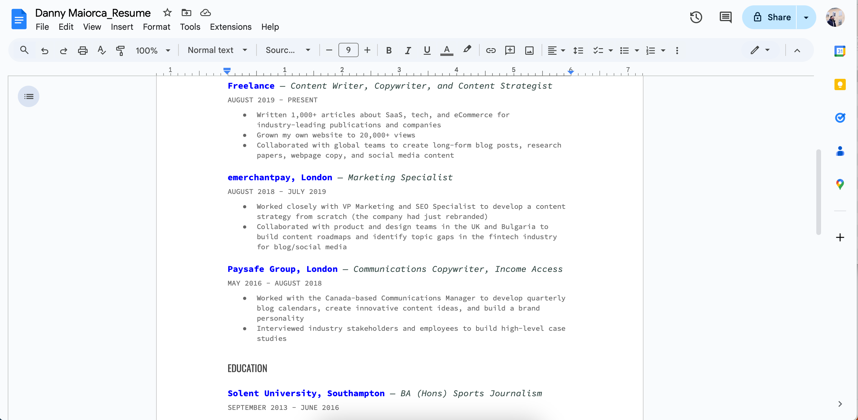 تجربه نوشتن در رزومه Google Docs