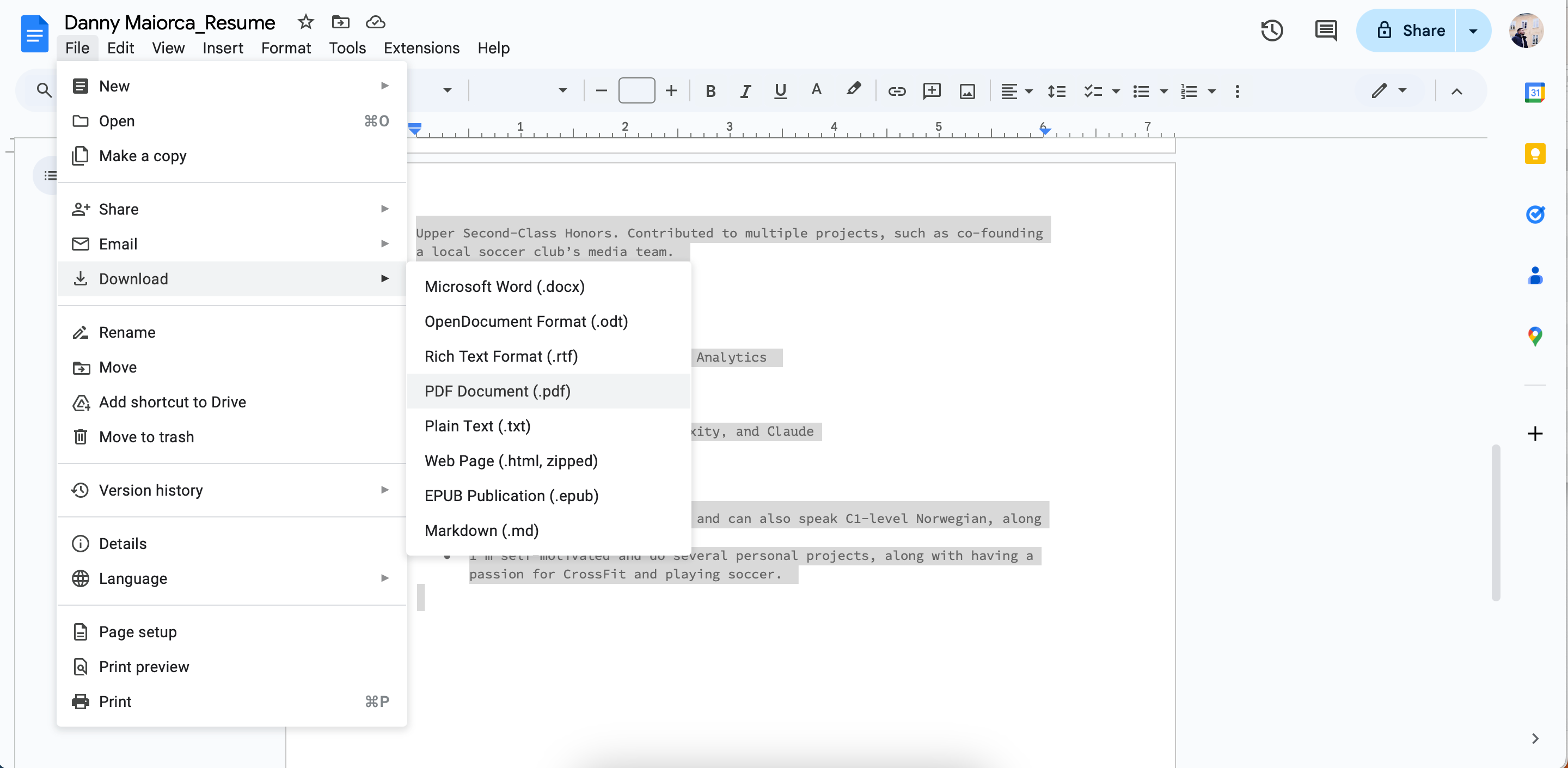 یک رزومه را از Google Docs صادر کنید