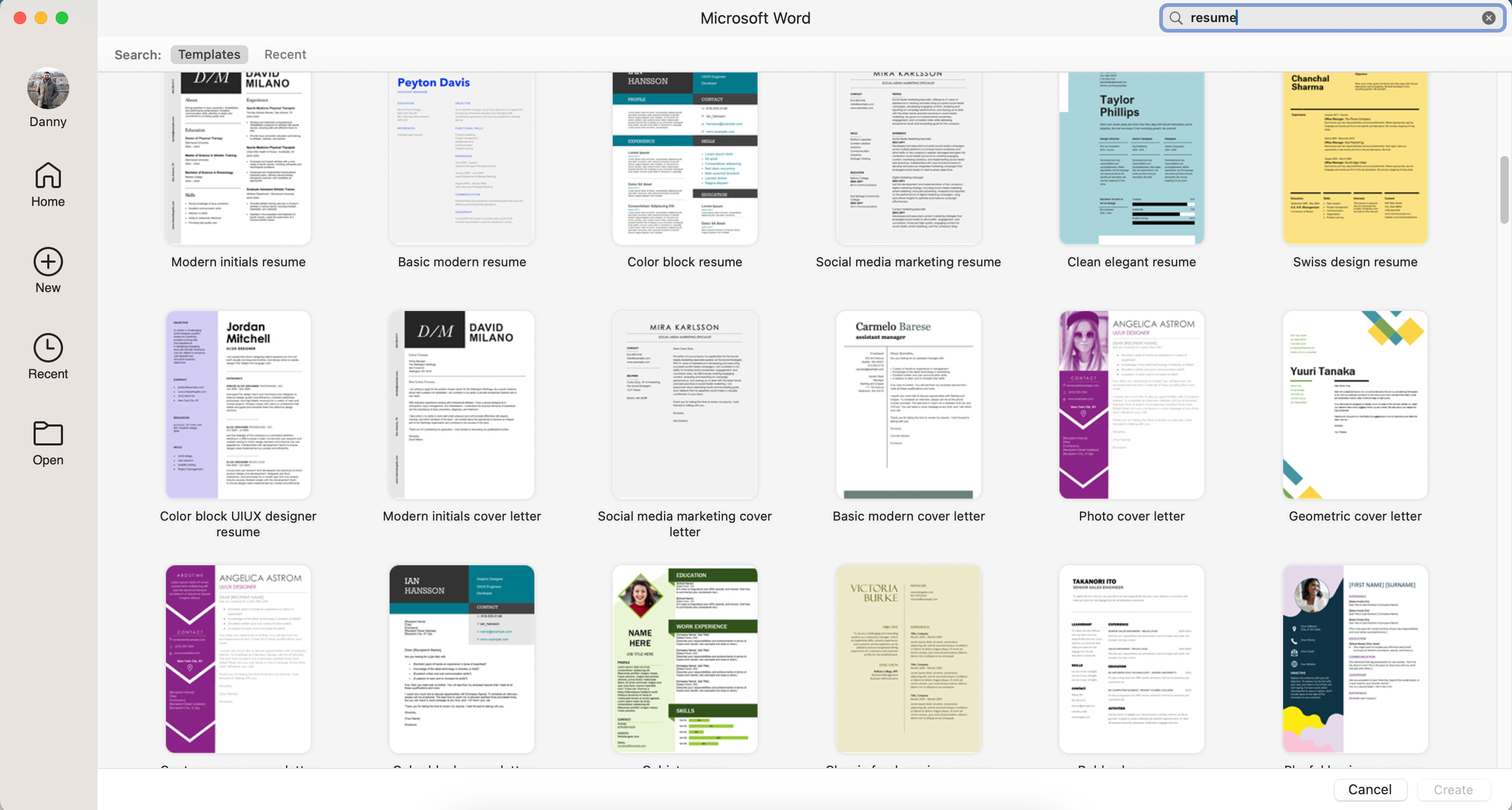 لیستی از الگوهای مختلف موجود در برنامه Microsoft Word