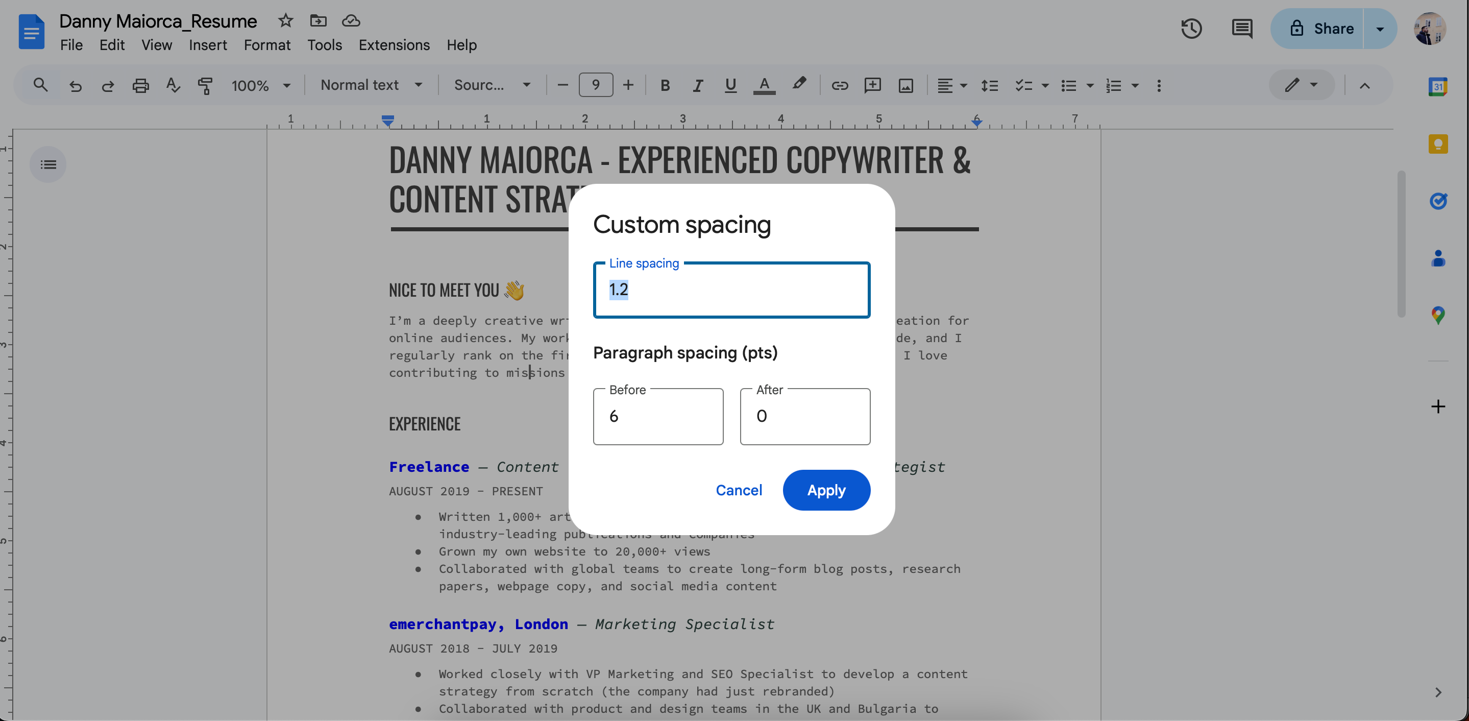 فاصله خطوط و پاراگراف ها در Google Docs