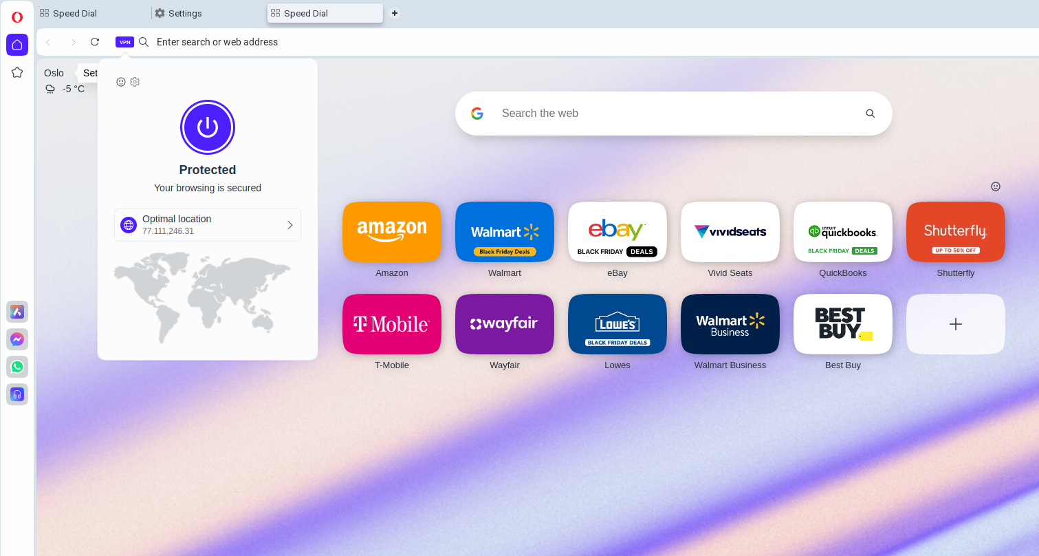کادر گفتگوی اتصال Opera vpn