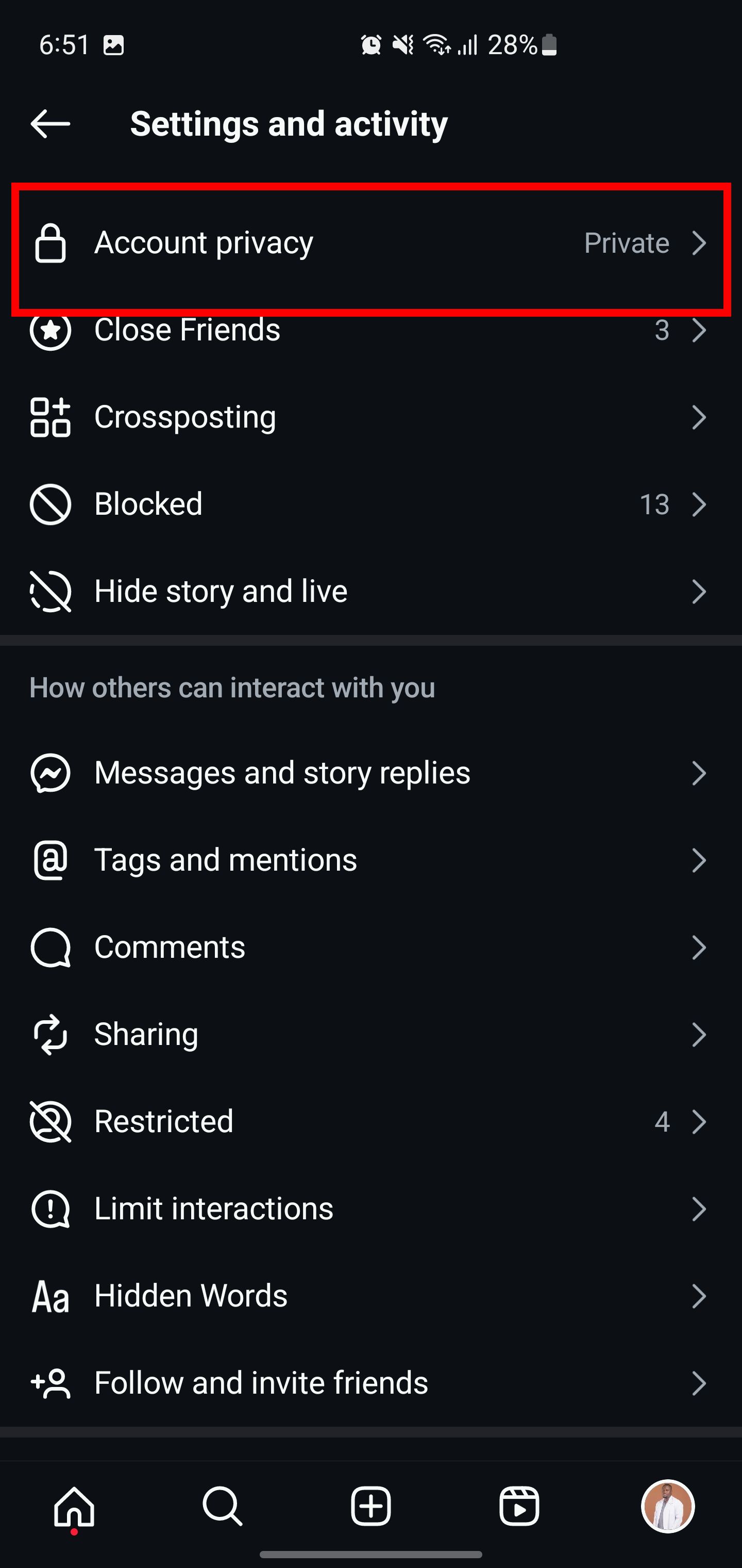 گزینه اکانت privacy در تنظیمات اینستاگرام.