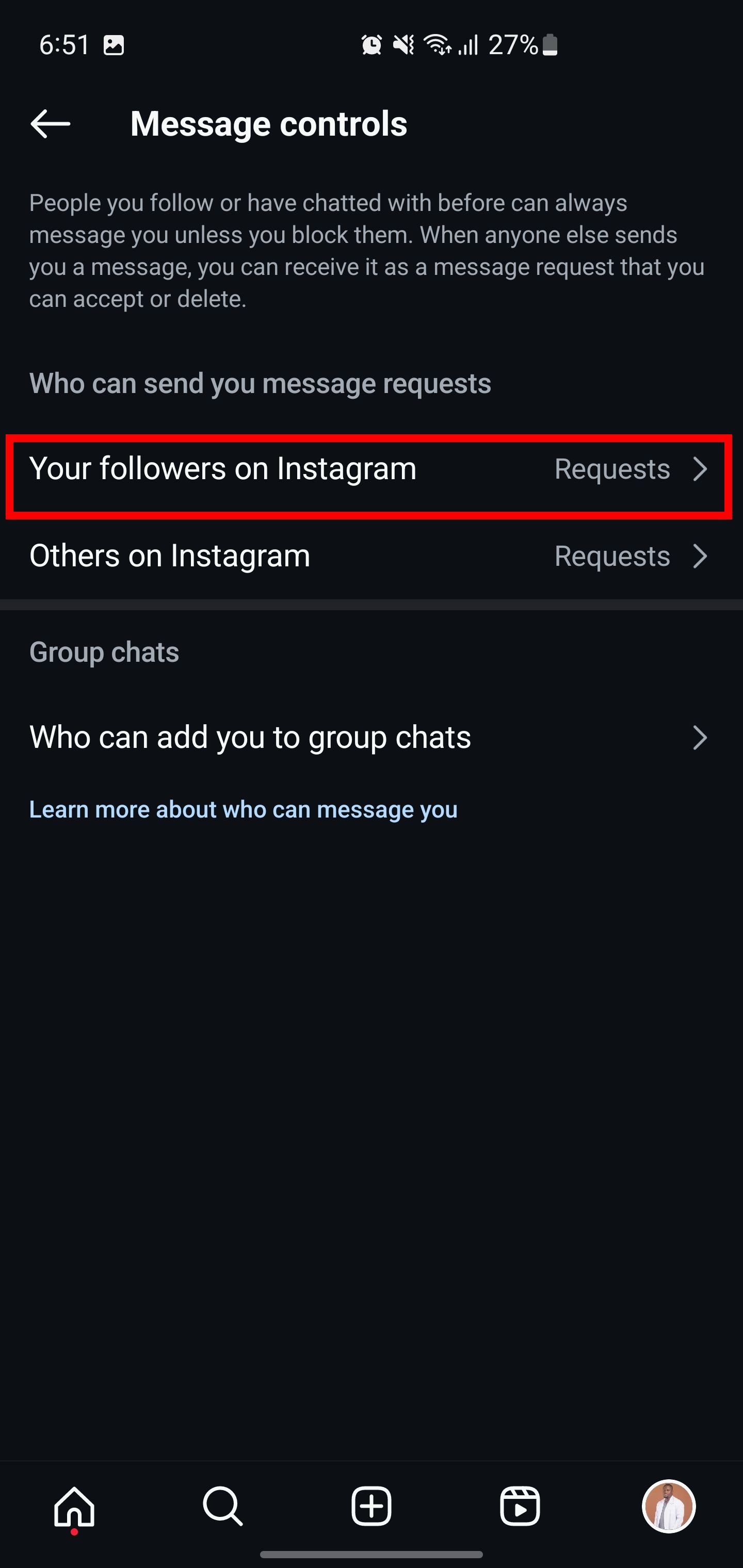 تنظیمات کنترل پیام در اینستاگرام