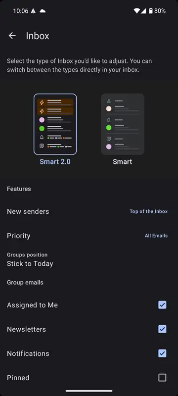تنظیمات مشاهده Smart 2.0 در برنامه Spark Mail Android