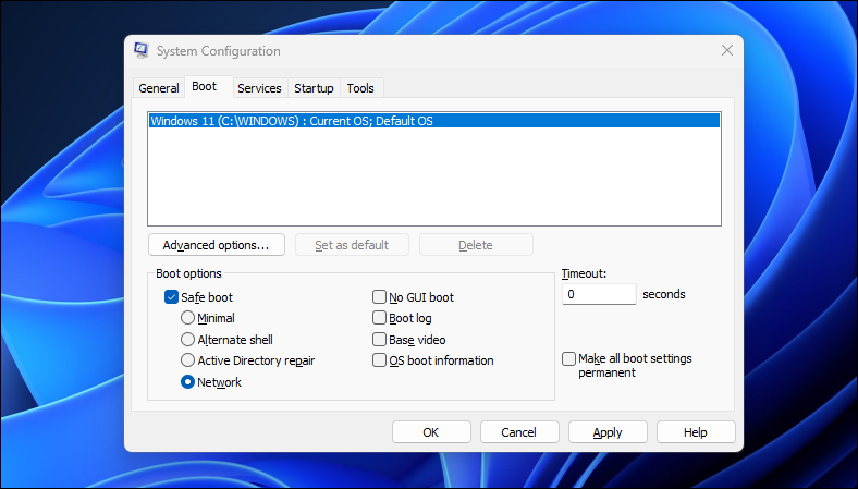 Windows 11 Dekstop در حال نمایش ابزار Microsoft System Configuration Utility