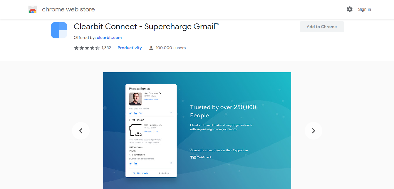 تصویری از صفحه فروشگاه Chrome Clearbit Connect