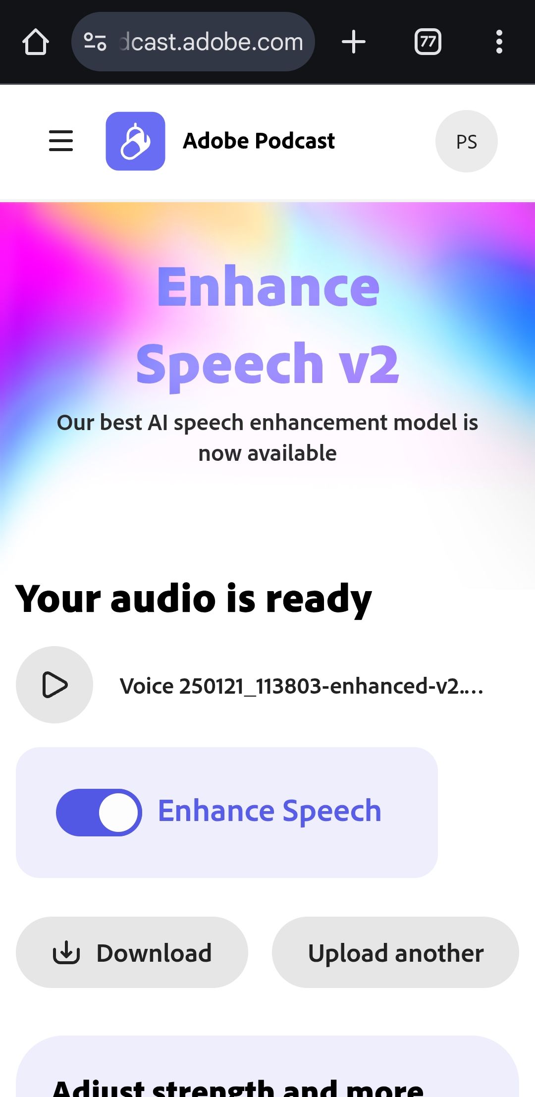 Adobe وب سایت گفتار را نشان می دهد که فایل صوتی را با گزینه بارگیری در Chrome برای Android نشان می دهد