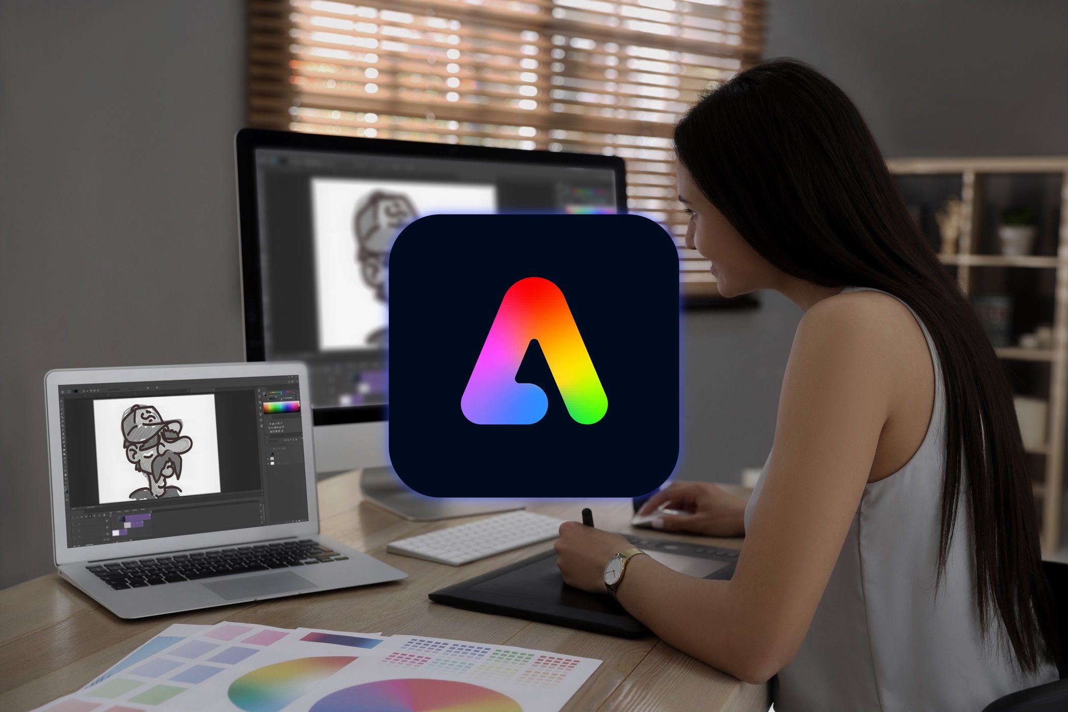 زنی که روی طرح‌های گرافیکی روی لپ‌تاپ روی میز کار می‌کند، با آرم Adobe Express پوشانده شده است.