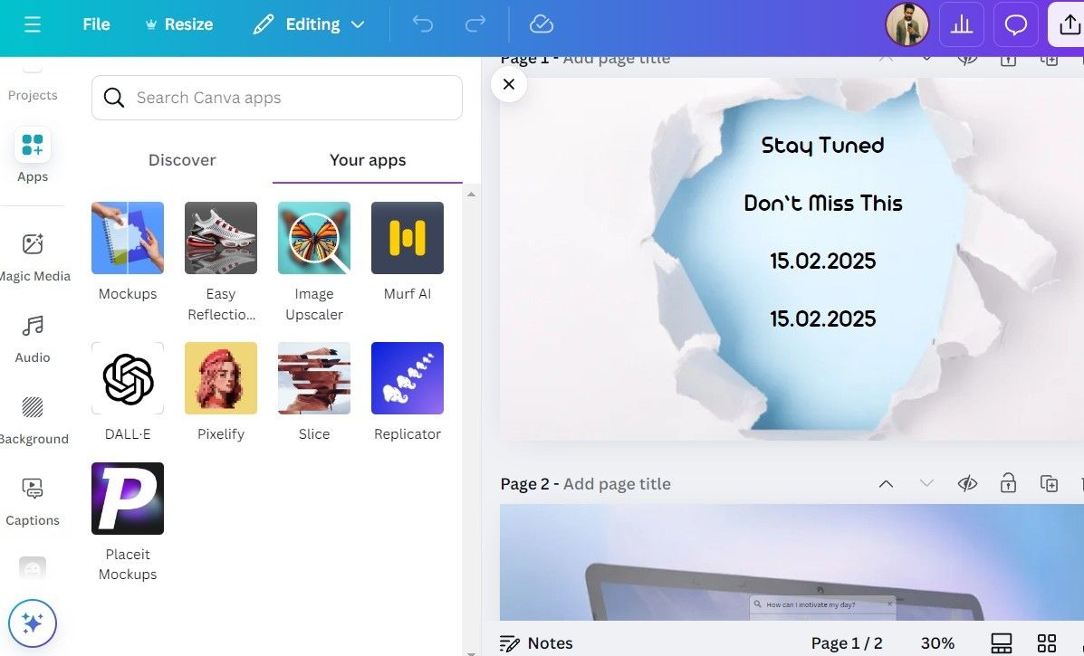 برنامه Desktop Canva که برگه برنامه ها را نشان می دهد
