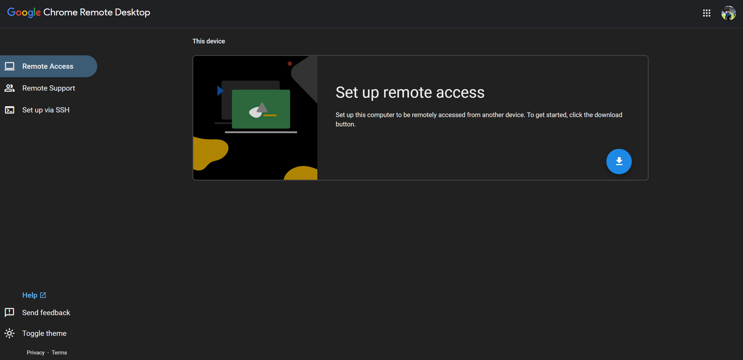 وب‌سایت Chrome Remote Desktop با دکمه دانلود قابل مشاهده است