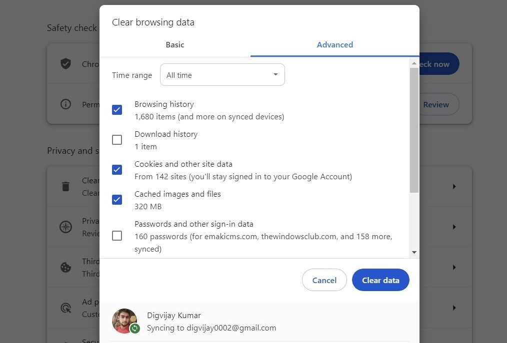 پاک کردن داده های مرور Chrome