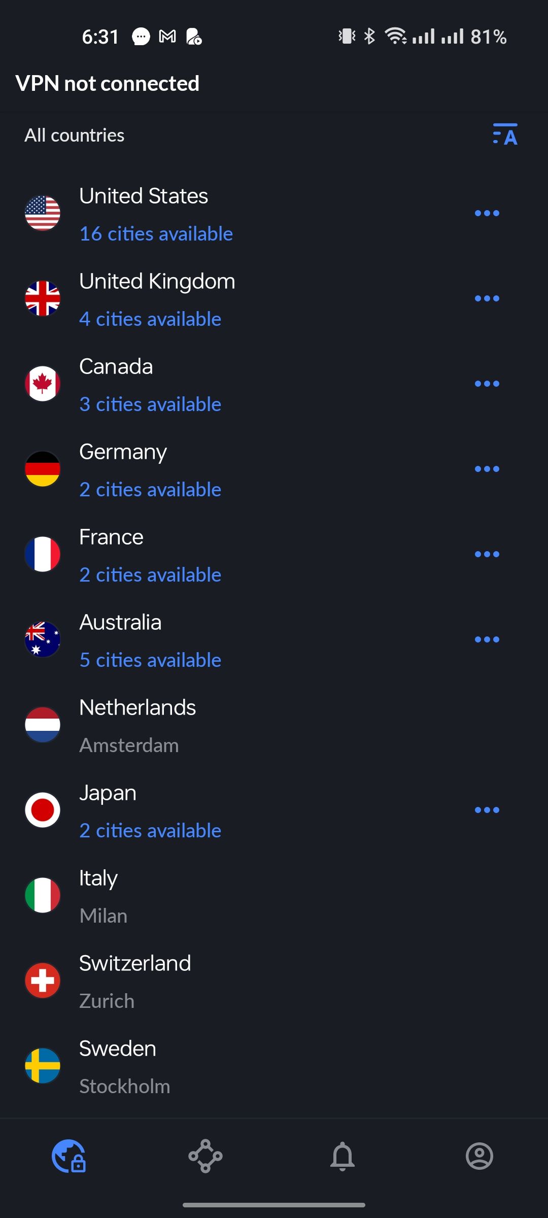 فهرست کشورها در NordVPN