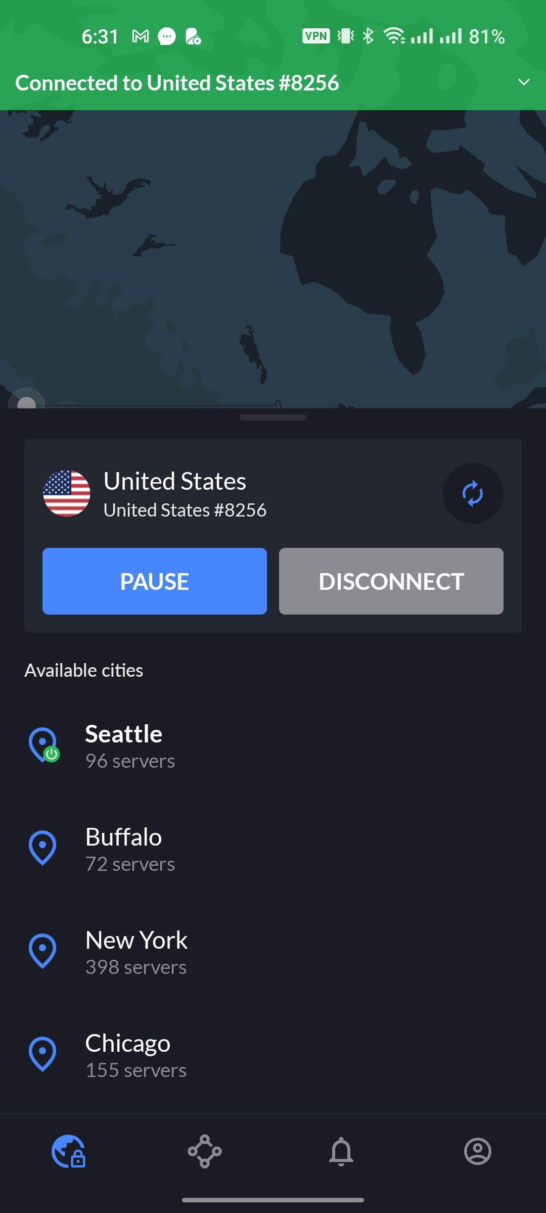 سرورهای موجود در شهرهای مختلف ایالات متحده در NordVPN