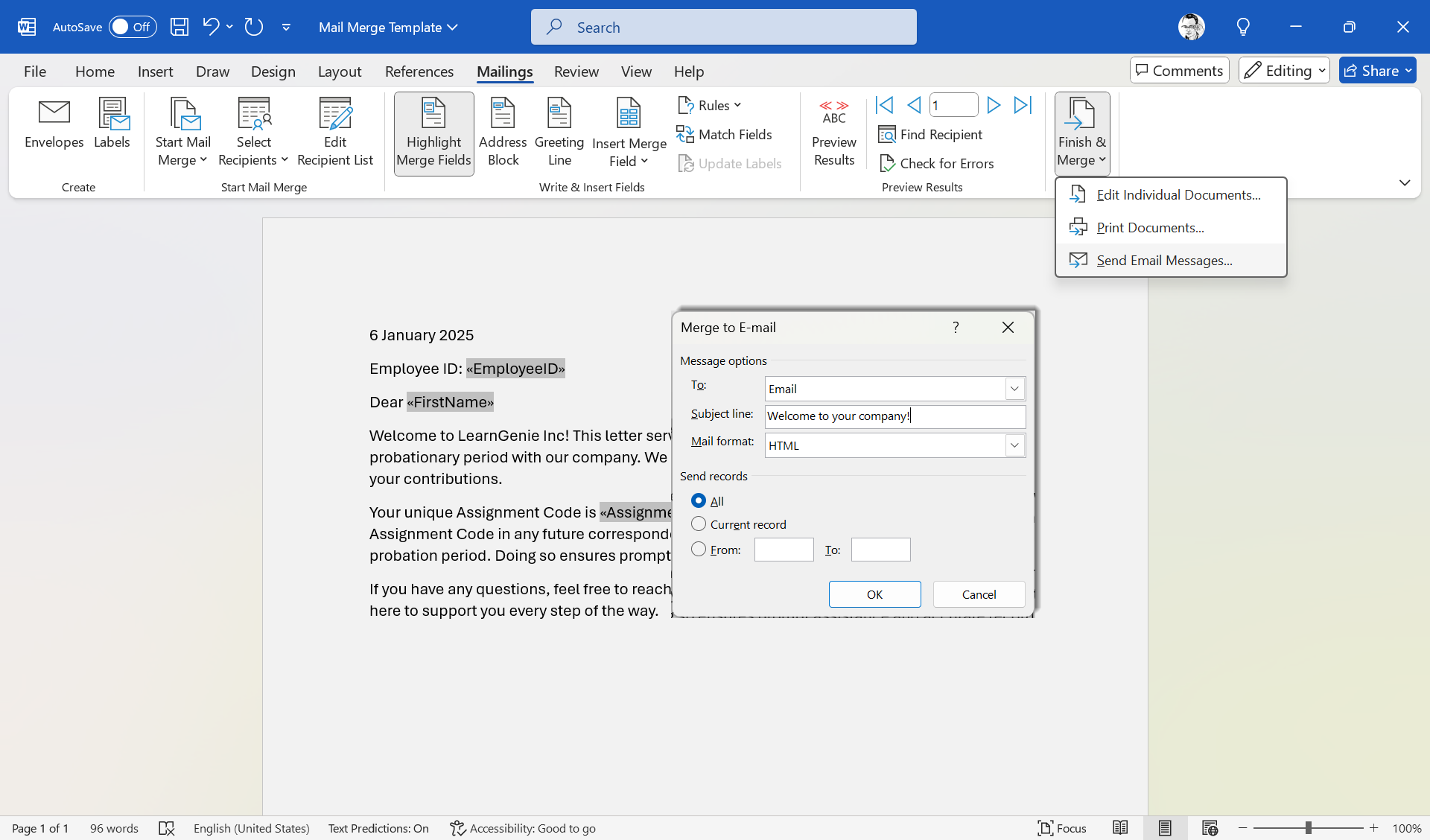 پایان دادن به فرآیند ادغام در Microsoft Word
