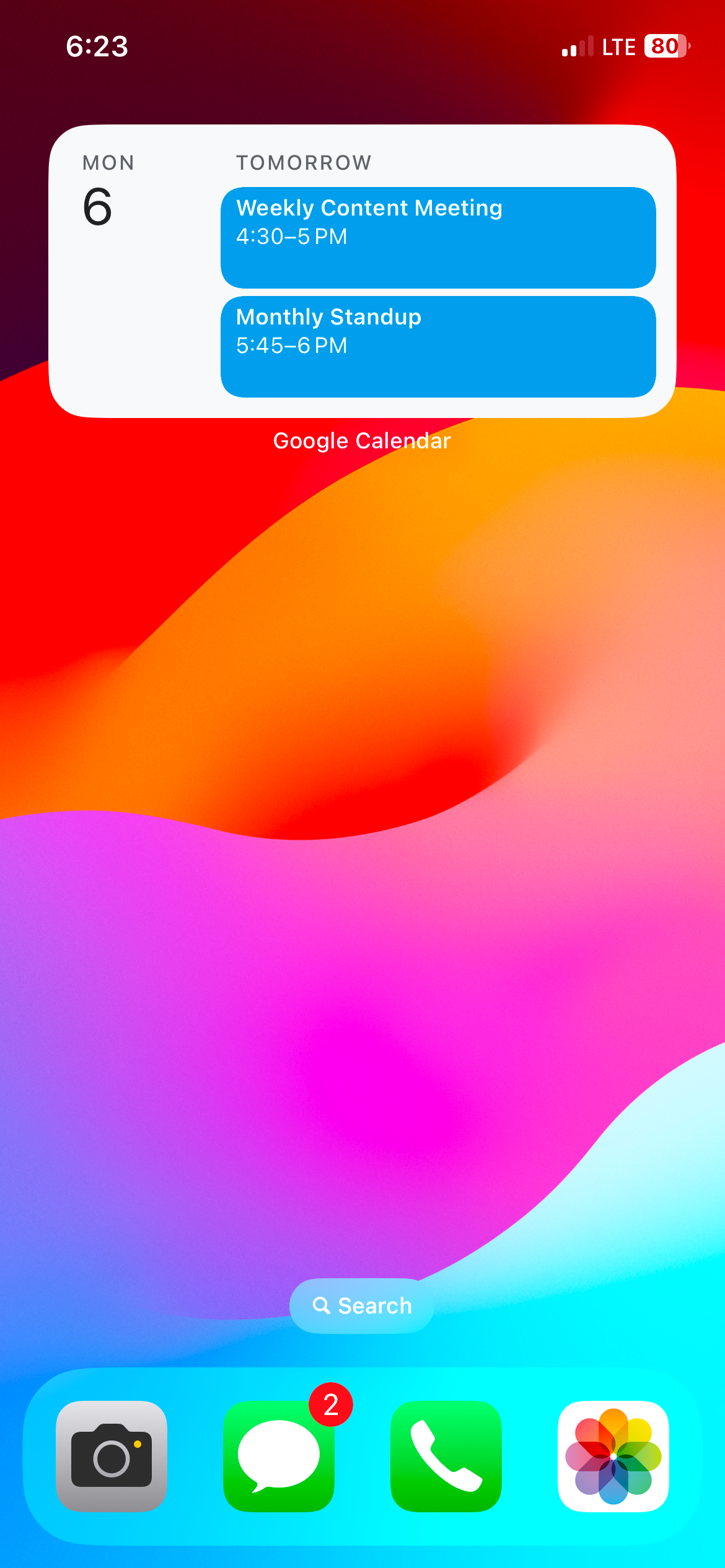 ویجت Google Calendar در صفحه اصلی آیفون.