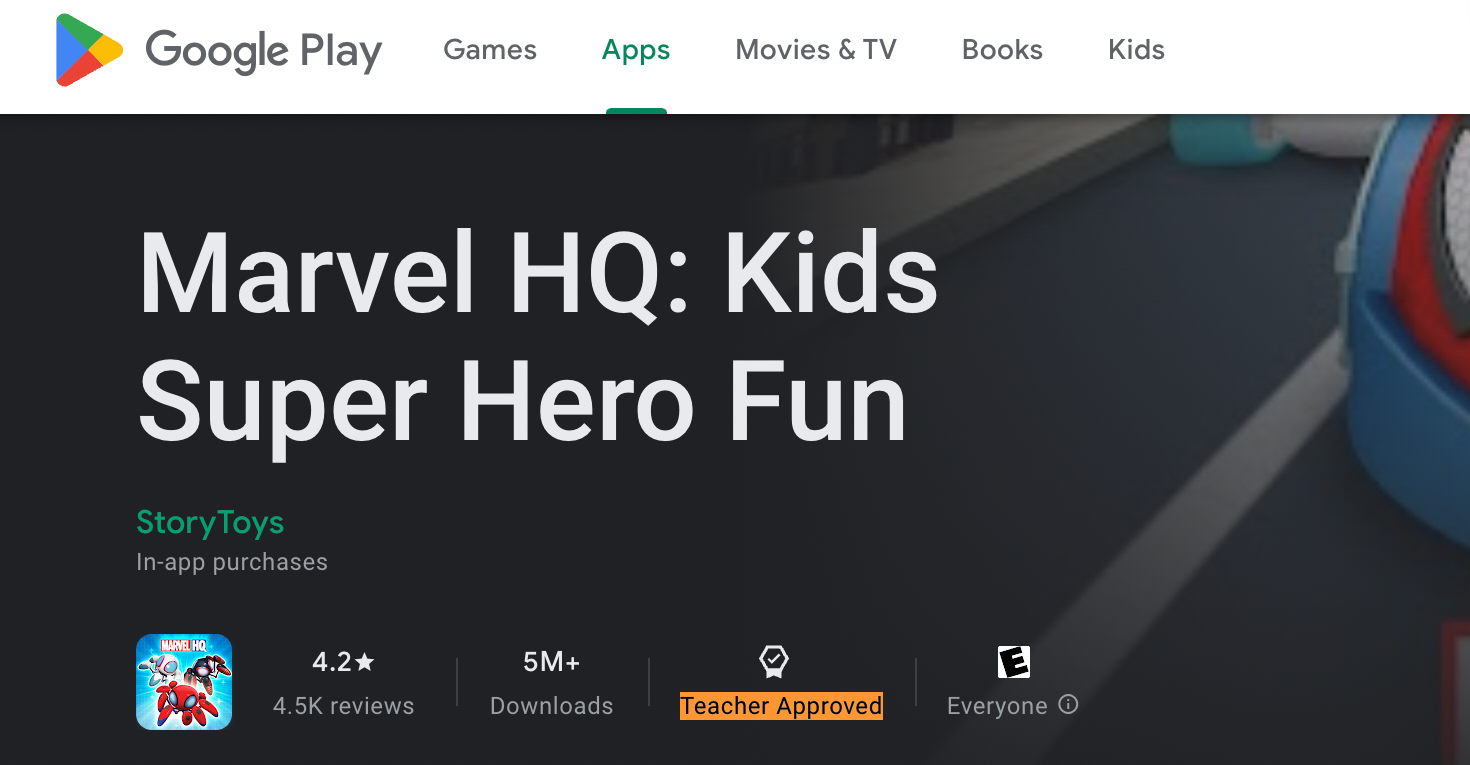 جزئیات فروشگاه Google Play برای یک برنامه کودکانه با موضوع Marvel