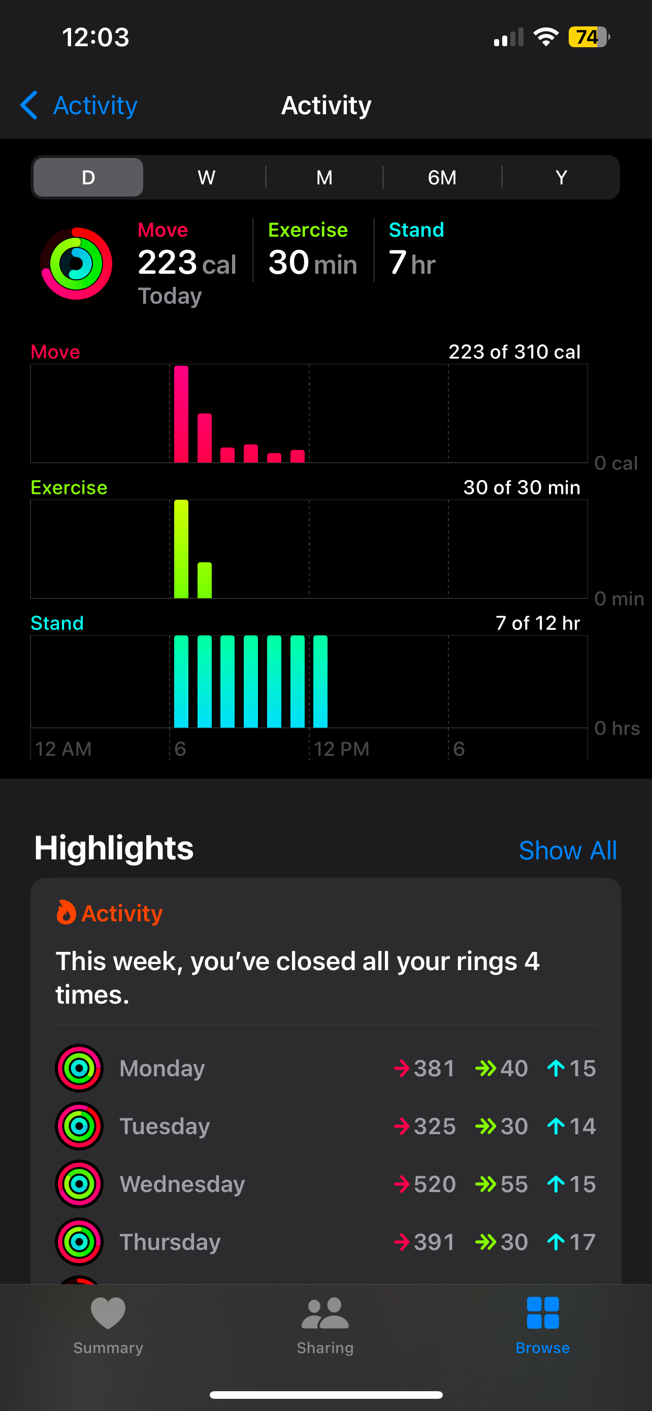 برنامه Activity Rings on Health که اهداف حرکت، ورزش و ایستادن را نشان می دهد