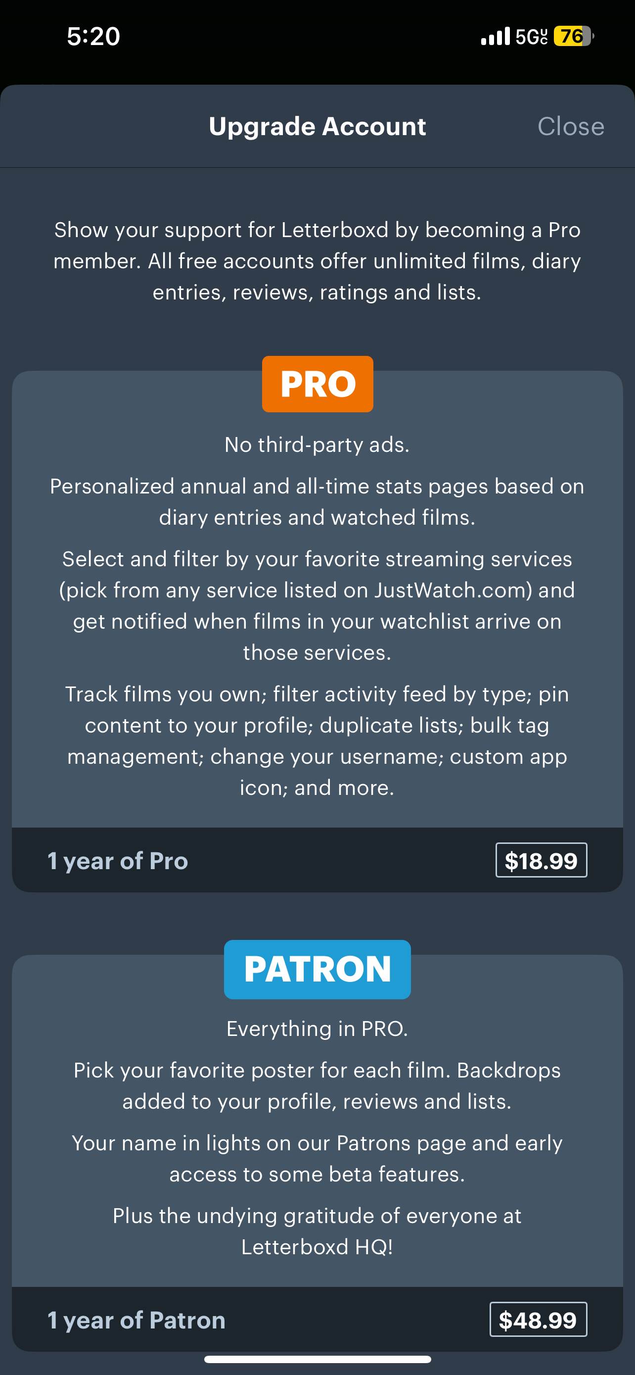 اشتراک های LetterboxD Pro و Patron
