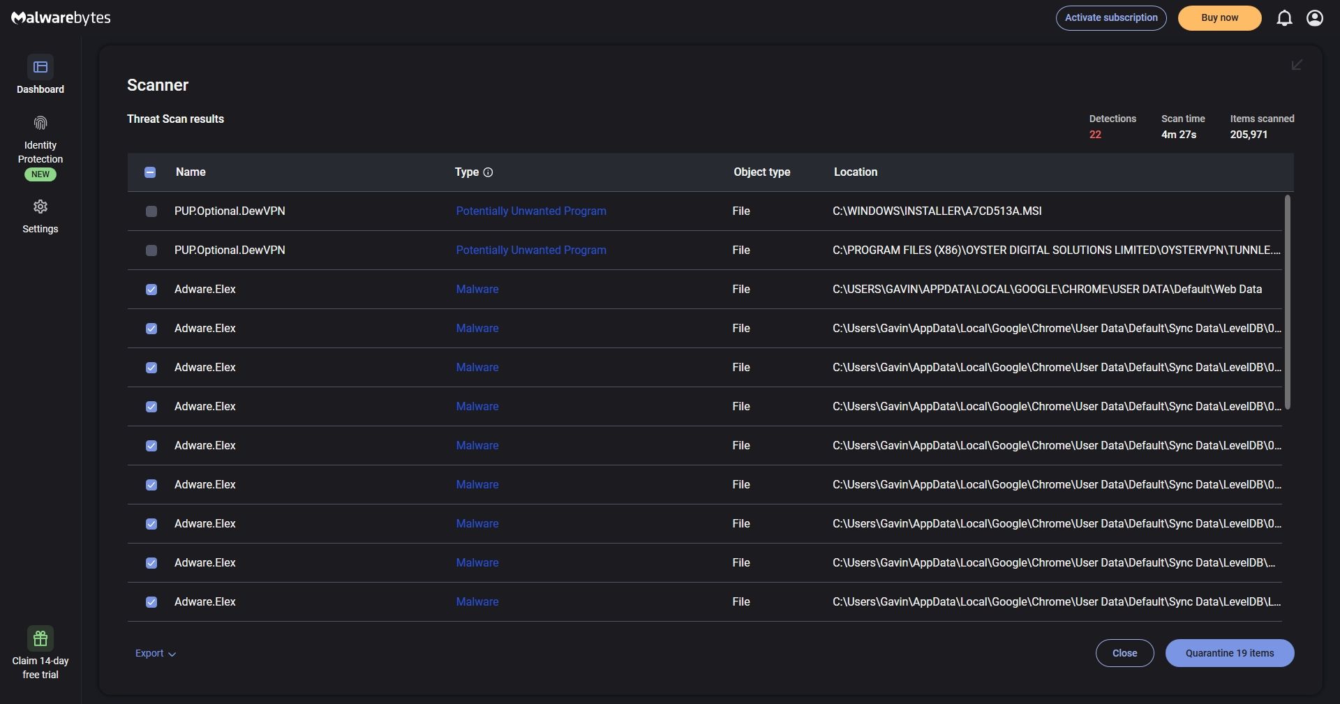 سیستم malwarebytes عفونت elex را اسکن می کند