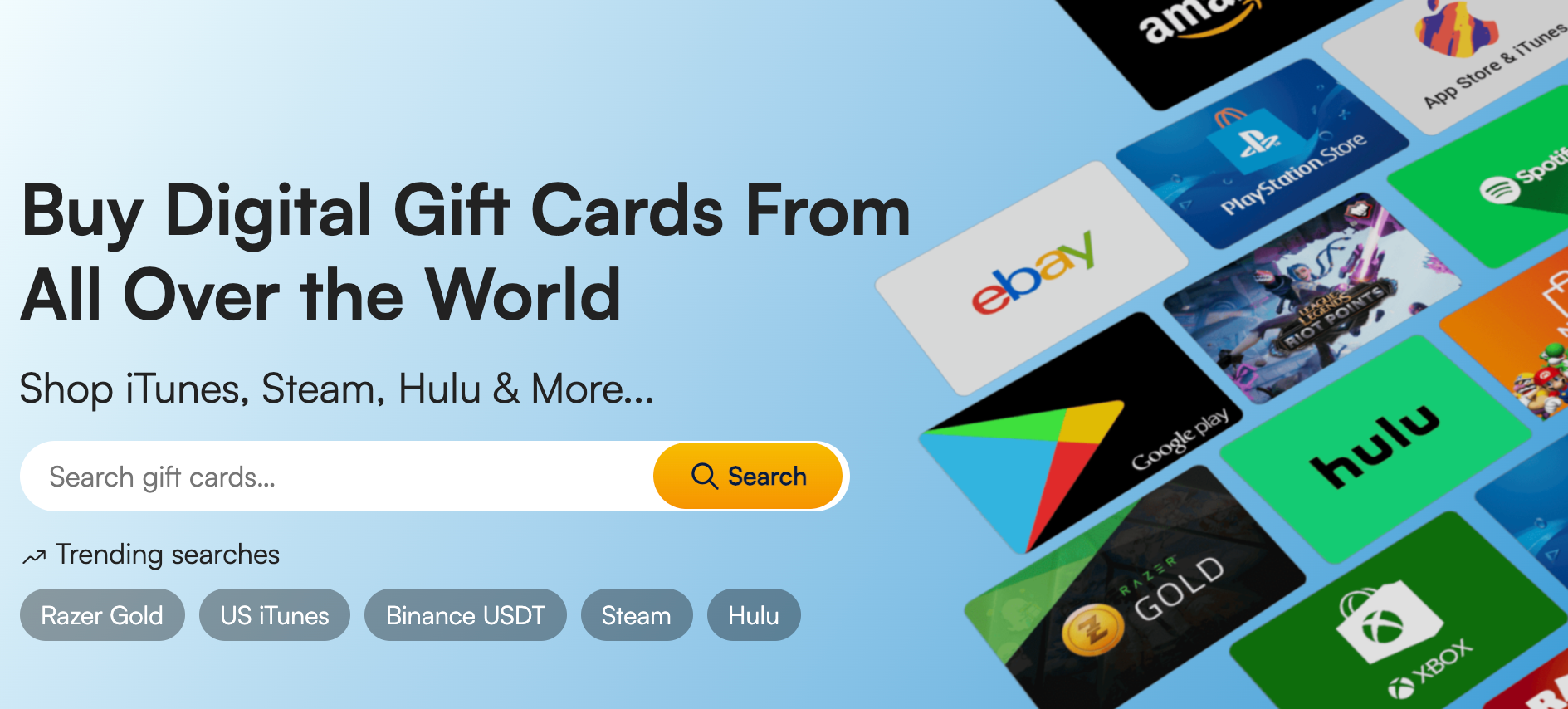 صفحه اصلی MyGiftCardSupply که نوار جستجو و کارت‌های هدیه دیجیتال بالقوه را نشان می‌دهد