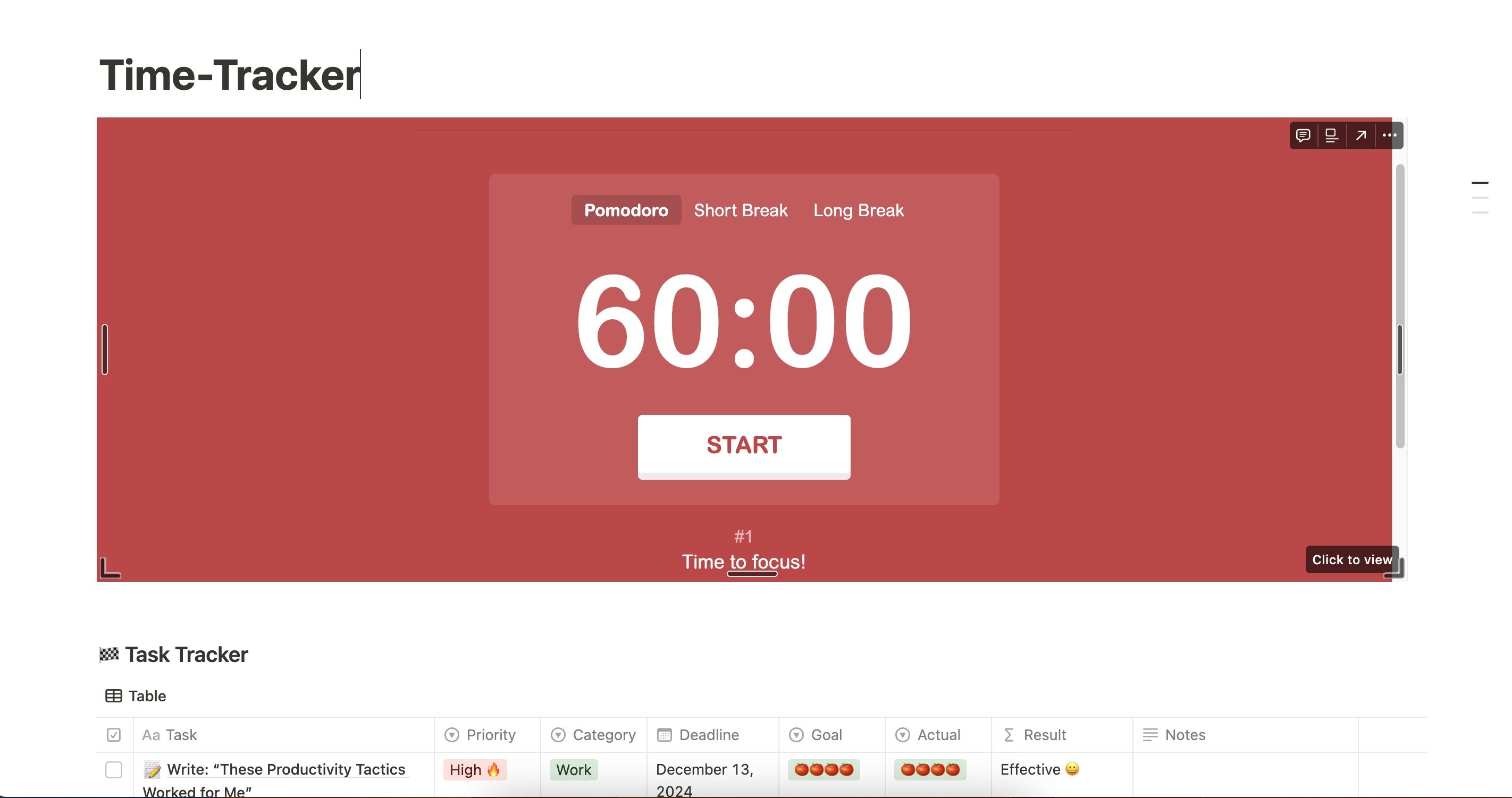 Notion Pomodoro Tracker با تنظیم زمان روی 60 دقیقه