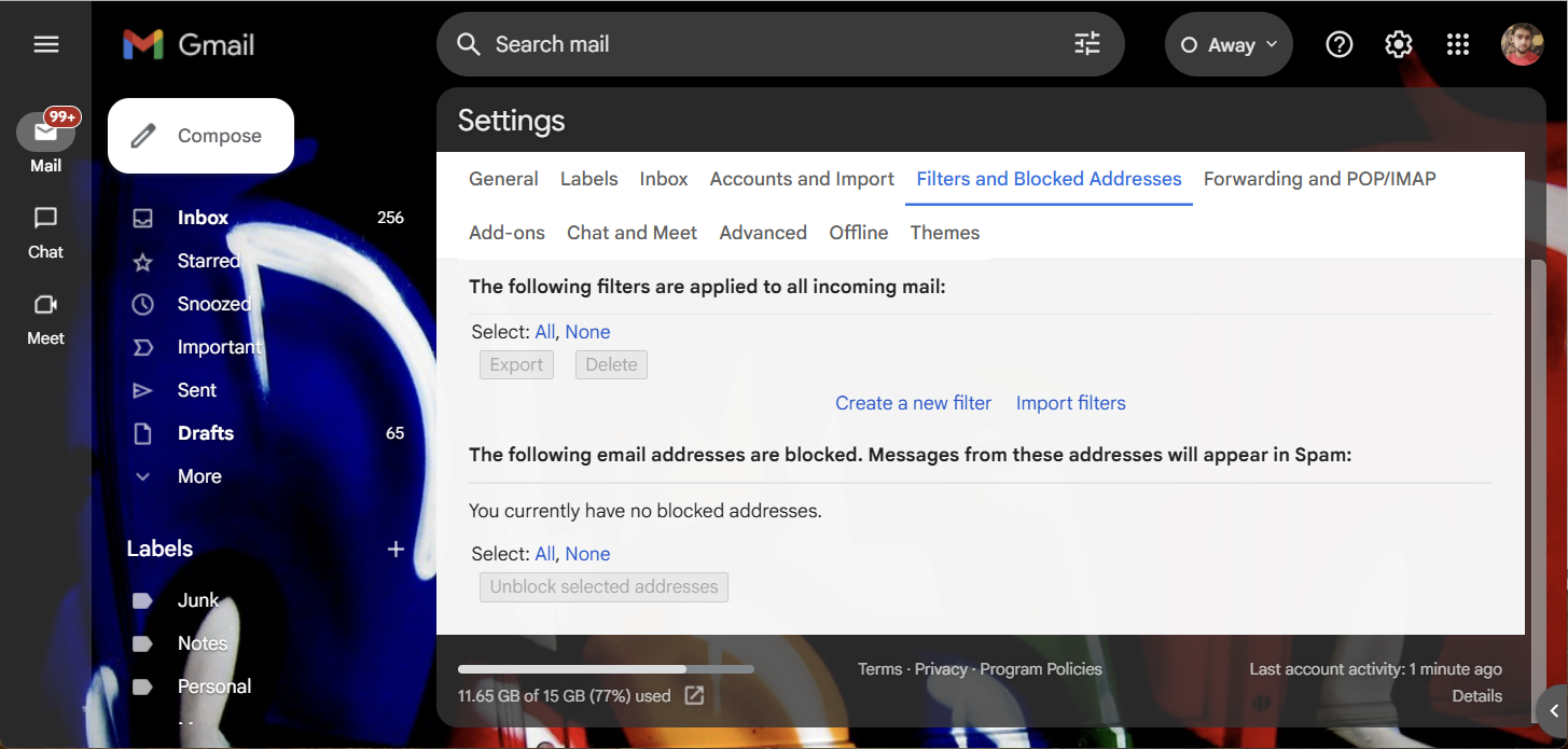 باز منوی تنظیمات در Gmail