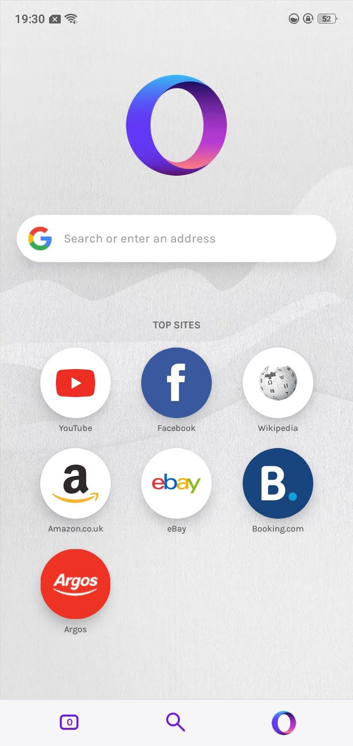 صفحه اصلی در Opera Touch
