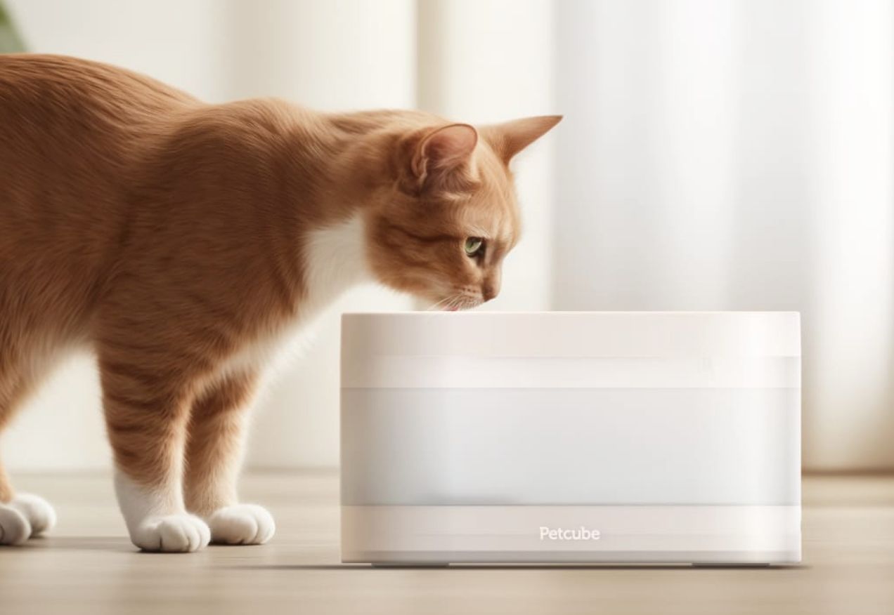 فواره آب فیلتر شده Petcube با ماشینی که در حال نوشیدن است.
