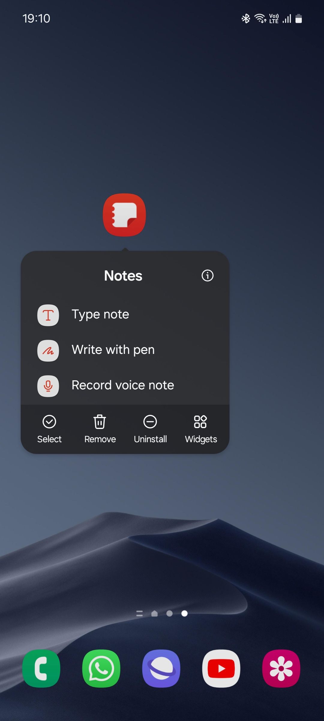 لیست میانبر برنامه Samsung Notes