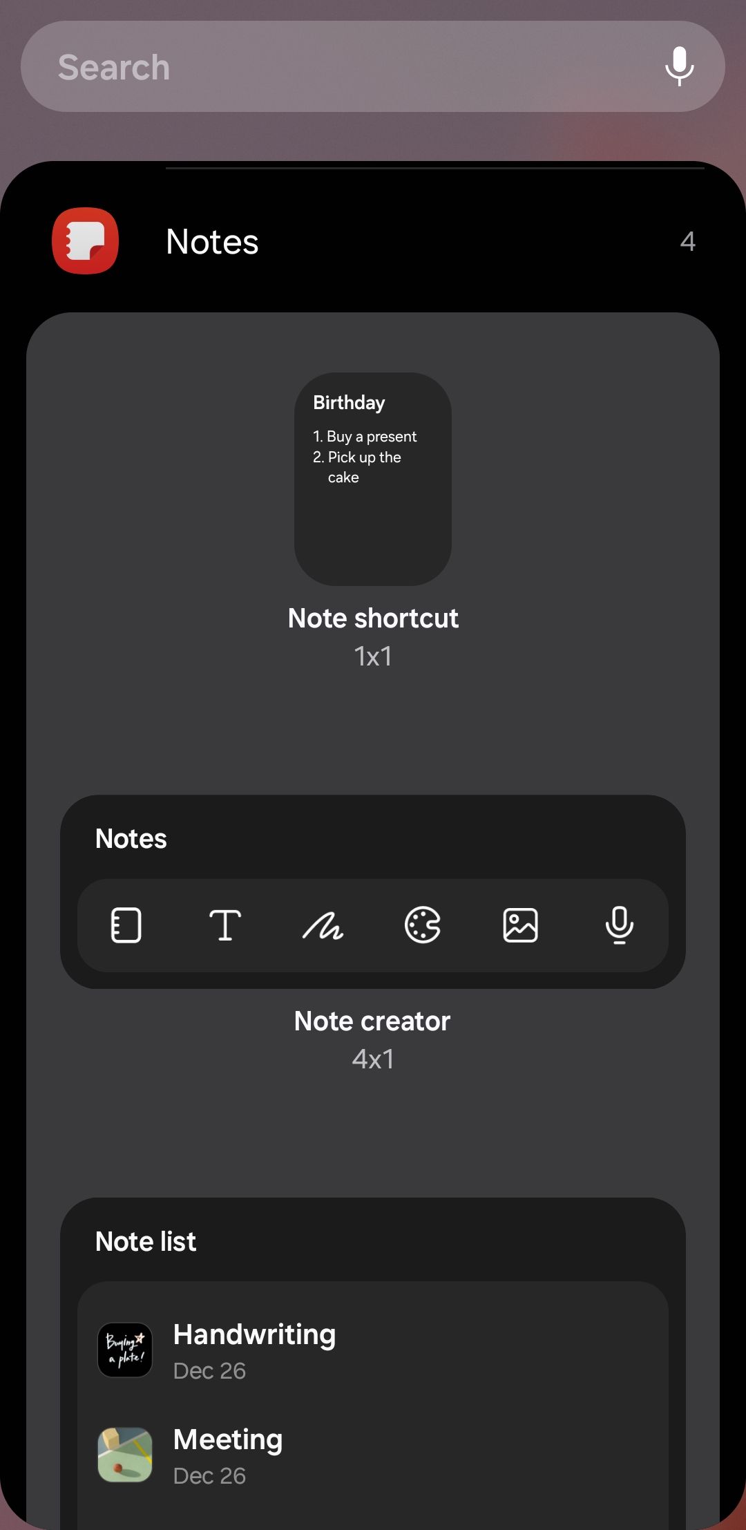 گزینه های ویجت Samsung Notes در گوشی Galaxy