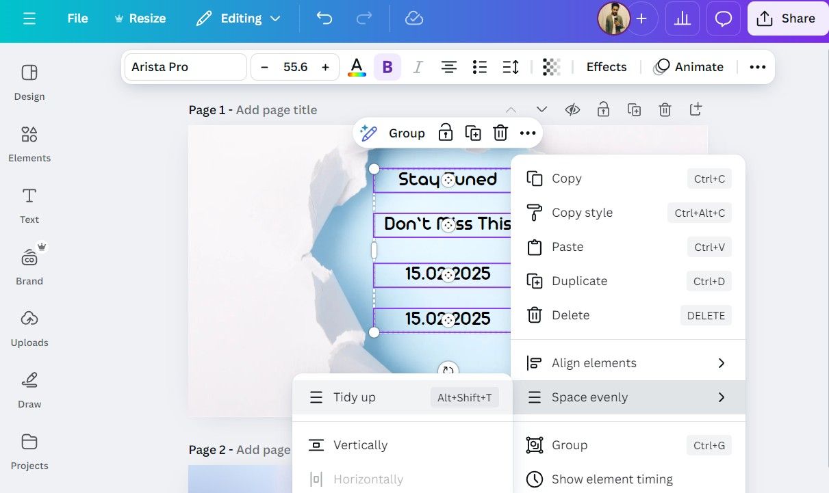 ابزار مرتب کردن در برنامه دسکتاپ Canva